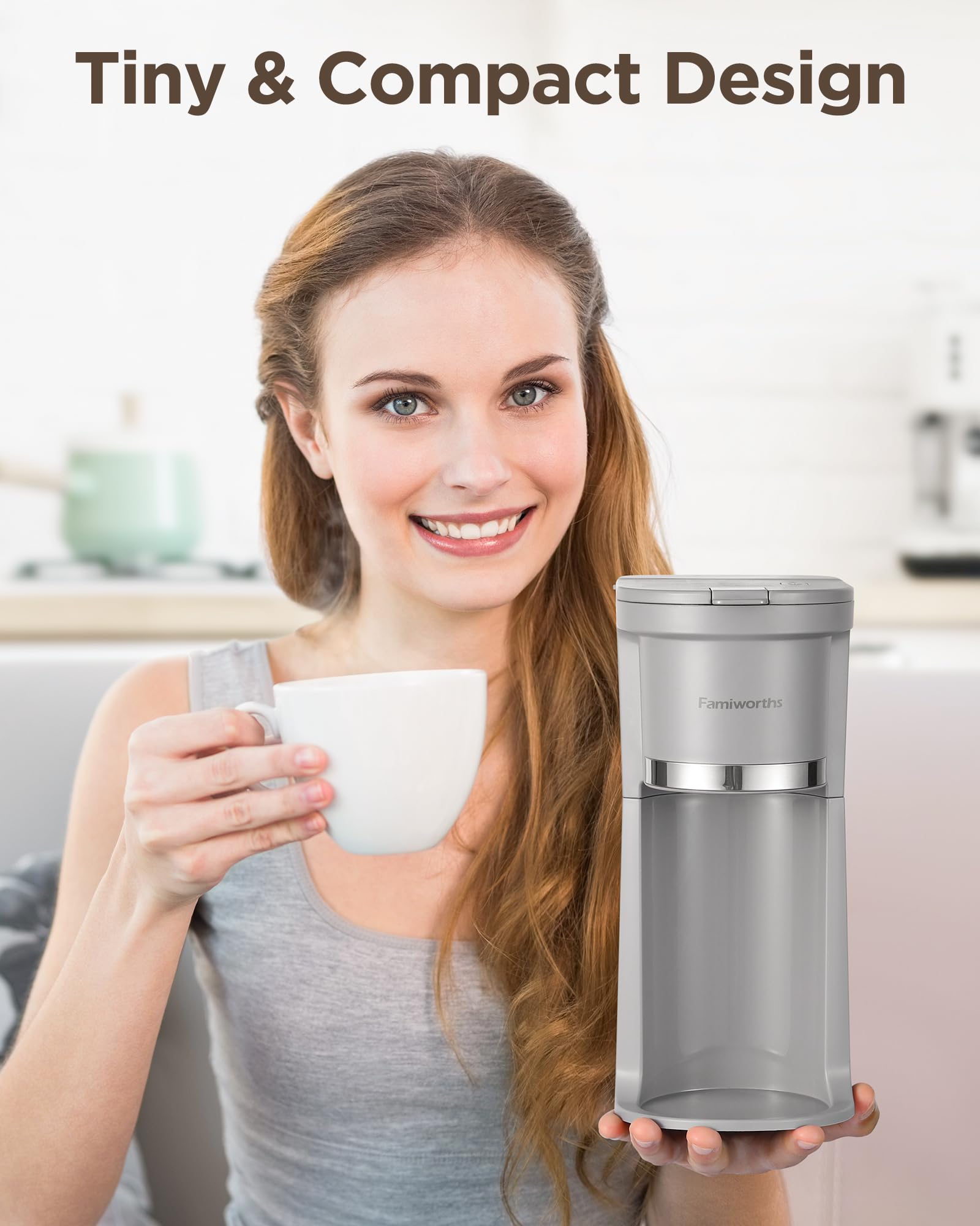 Famiworths Mini Single Serve Coffee Maker for K-Cups & Ground Coffee - 6 to 12 Oz Brew Sizes, Compact Capsule Coffee Machine with Water Window & Descaling Reminder - Perfect for Home, Office, Dorm & Travel (Gray)