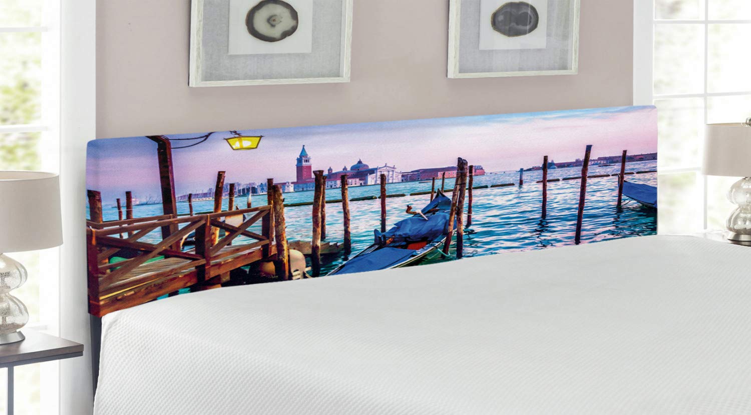 Ambesonne Venice Upholstered Headboard - King Size Decorative Metal Bed Frame with Memory Foam, Dreamy Italian Cityscape of Gondolas & Canals in Lilac Blue Brown | Perfect for Master Bedroom, Guest Room & Coastal Themed Decor