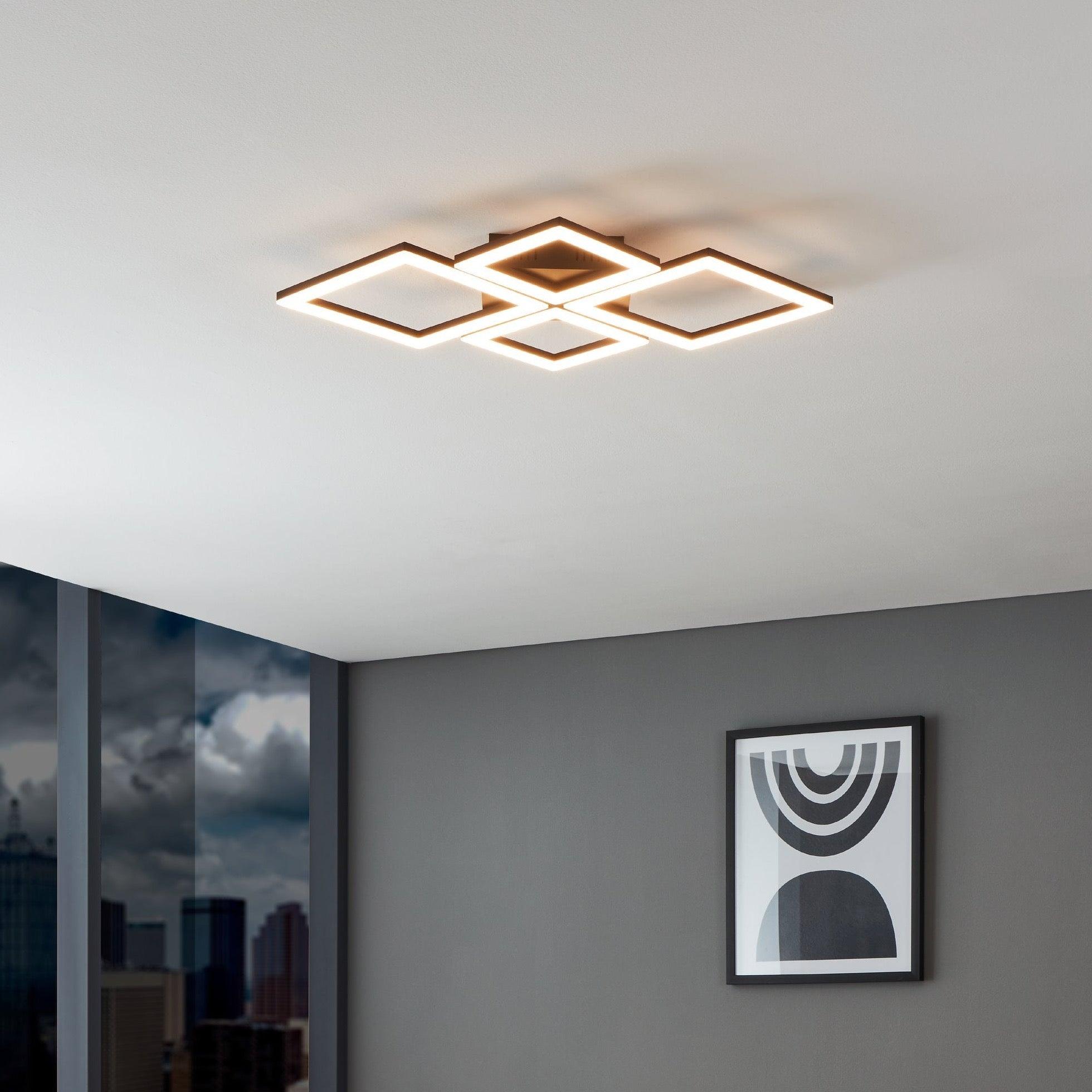 Eglo Connect Paranday Z Smart LED Flush Mount Ceiling Light - 4 Square Design, Black & White, Dimmable, WiFi & App Control for Home, Office, Bedroom, Kitchen Lighting
