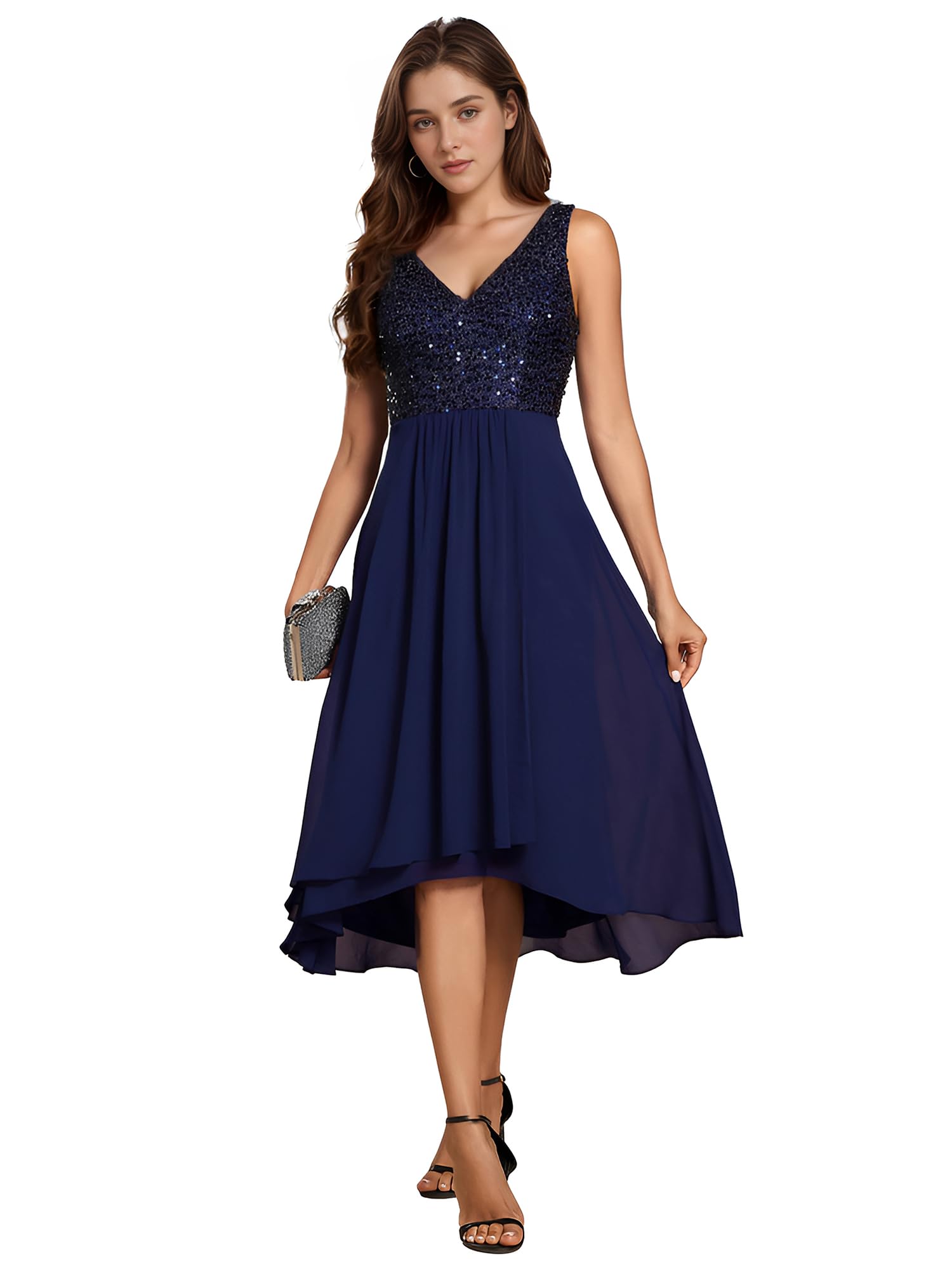 Ever-Pretty Women's Elegant Chiffon V-Neck Sleeveless Sequin High-Low Cocktail Dress | Midi Wedding Guest Dress 02184 | Perfect for Evening Parties, Bridal Showers & Formal Events