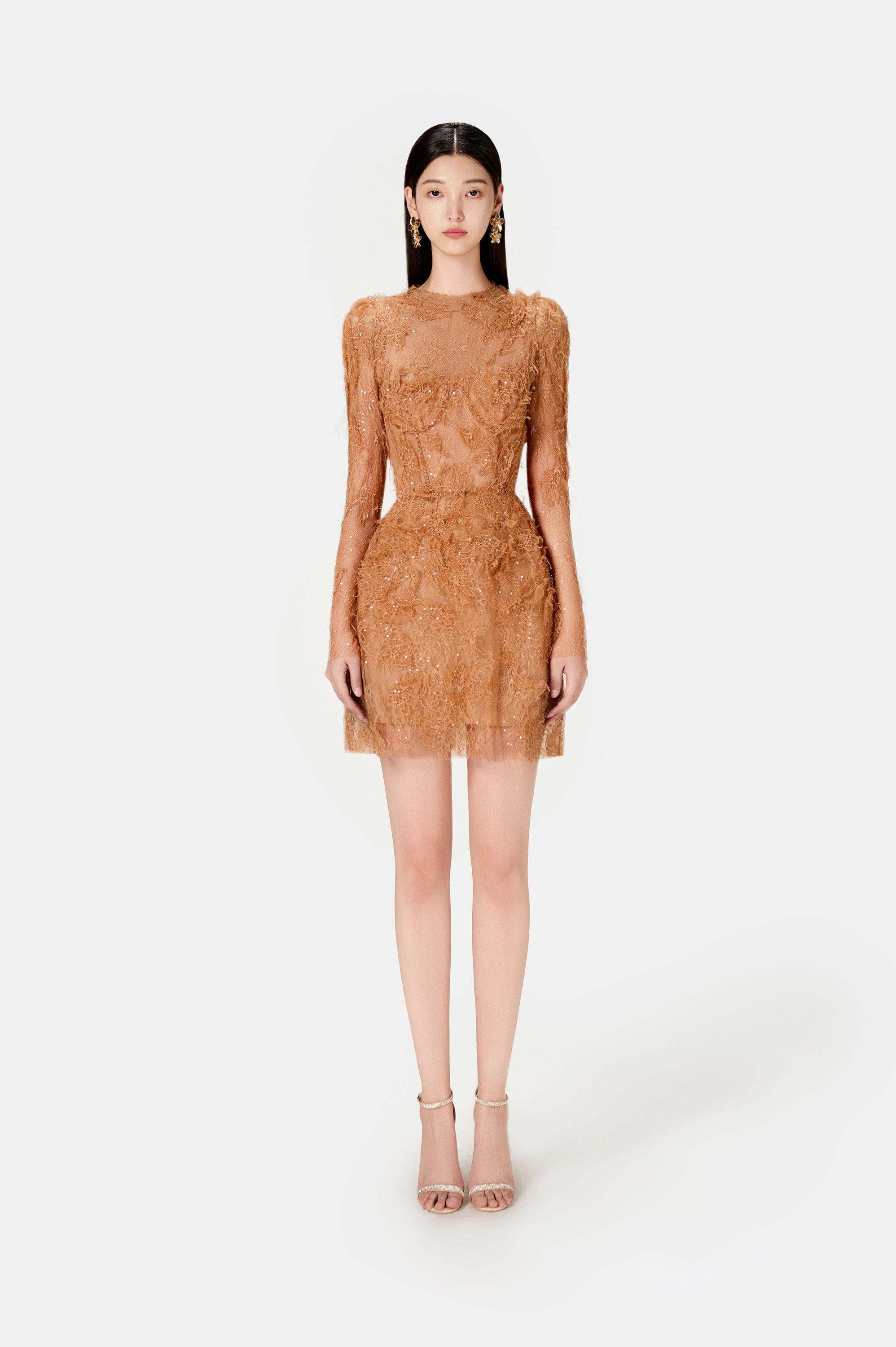 Elegant Honey Beaded Lace Mini Dress for Women - Perfect for Cocktail Parties, Date Nights & Special Occasions