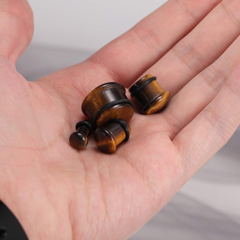 Natural Tiger Eye Stone Single Flare Ear Plugs with O-Rings - Brown Ear Gauges for Stretching & Body Piercing - Perfect for Everyday Wear, Yoga & Meditation