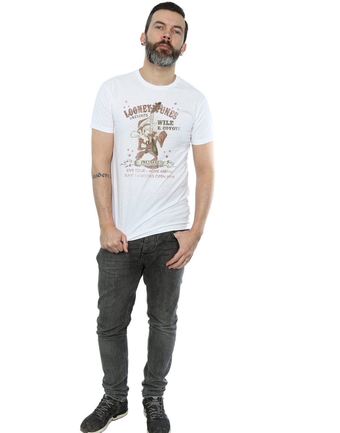 Looney Tunes Wile E Coyote Guitar Graphic T-Shirt for Men - White, Large Size | Casual Wear, Gift for Cartoon Fans, Music Lovers