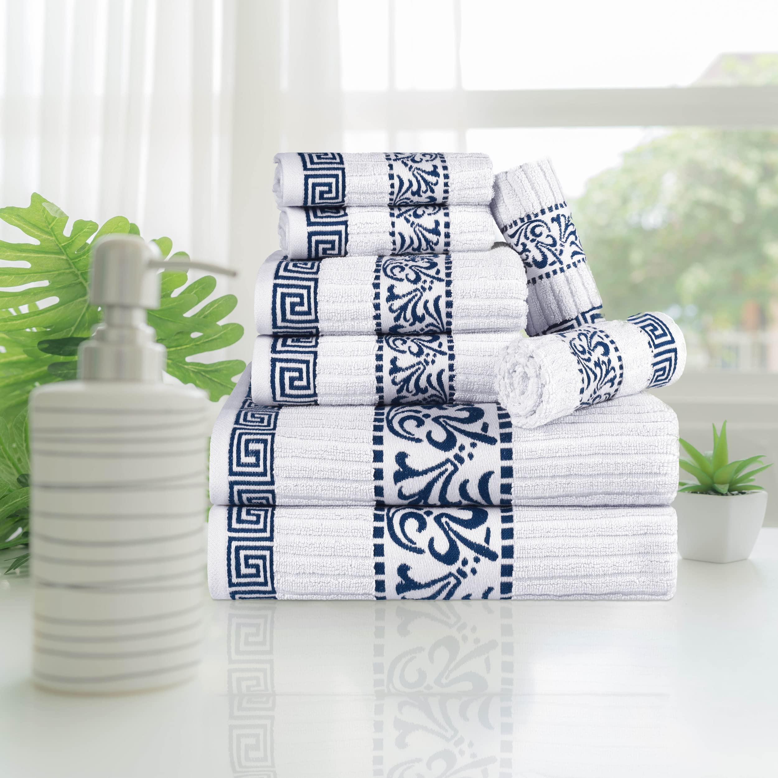 BLUENILEMILLS 8-Piece Decorative Cotton Bath Towel Set with Hanging Loop - Easy Fold & Storage, Soft Absorbent Bathroom Towels in Navy Blue - Perfect for Spa, Guest Bathrooms & Beach House Decor