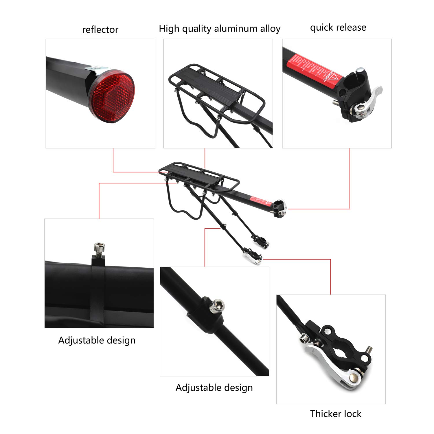 HTTMT Bike Rear Rack - Quick Release Metal Pannier Rack with Fender & Luggage Carrier for Bicycles | Universal Fit for Road & Mountain Bikes | Perfect for Commuting, Touring & Grocery Hauling [P/N: ET-BIKE-RACK002-BK]