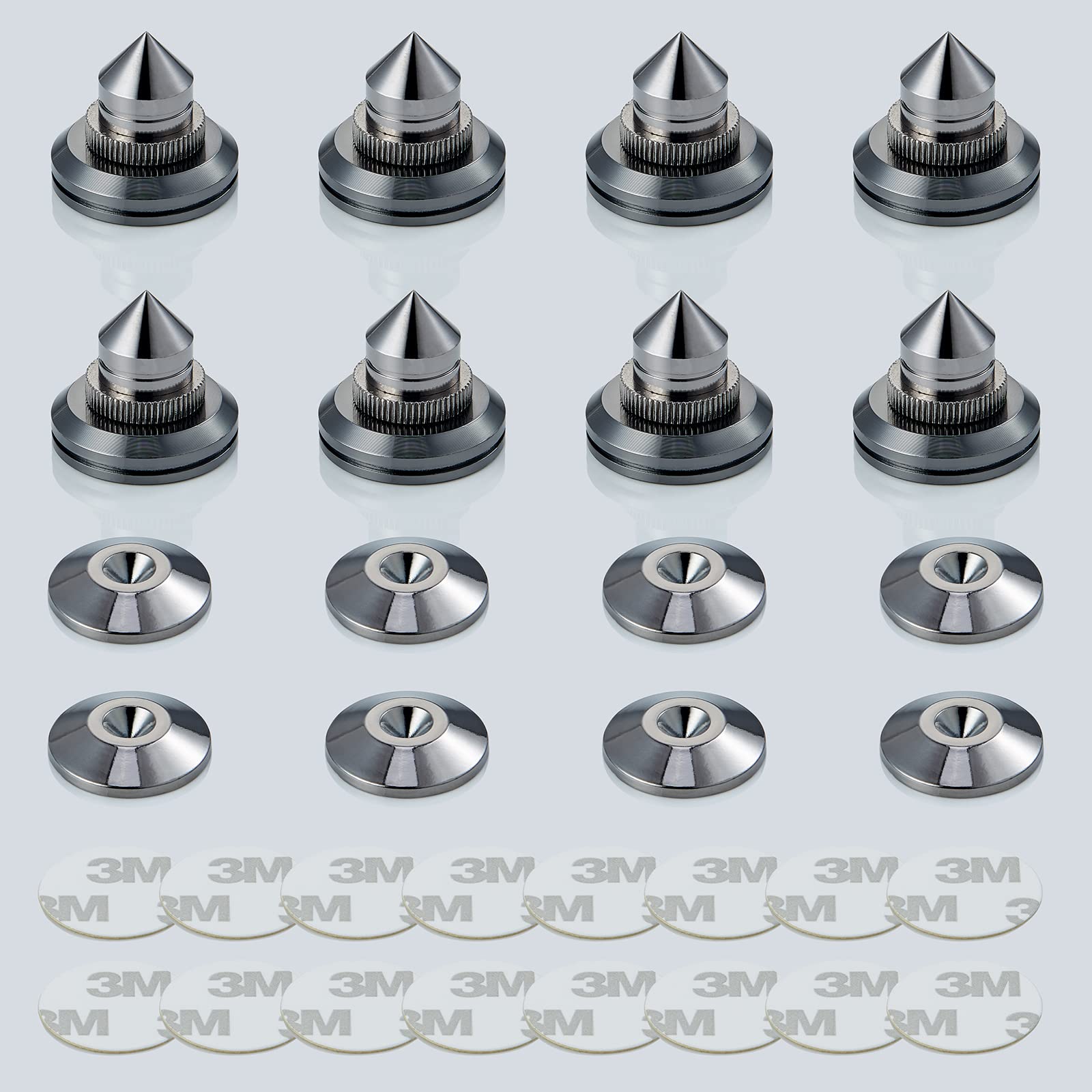 Premium Speaker Spikes Floor Protectors (8pcs) - Adjustable Shockproof Isolation Stand Feet for HiFi Amplifier, Subwoofer, DAC Recorder & Turntable - Non-Slip Cone Base Pads with Adhesive (Black) - Perfect for Home Theater, Studio & Audiophile Setups