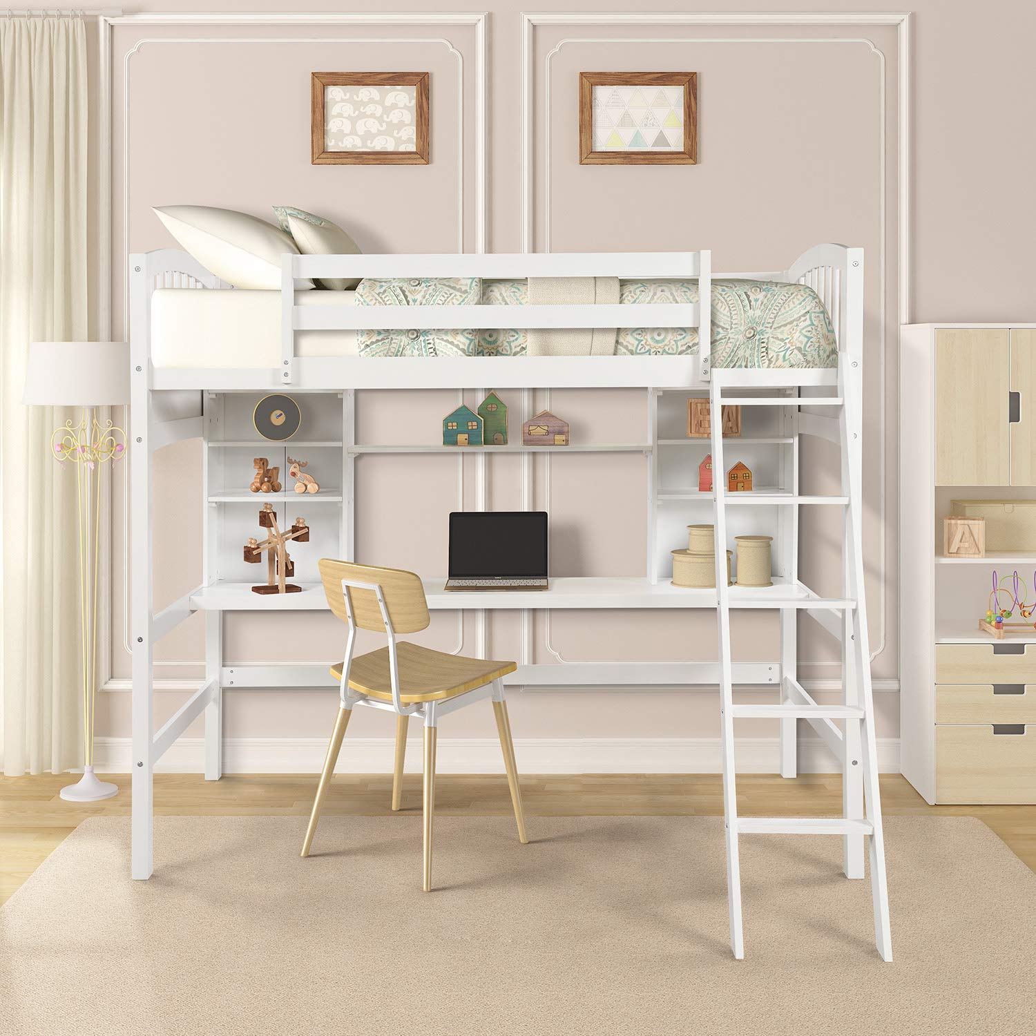 Twin Size Solid Wood Loft Bed with Storage Shelves, Desk & Ladder - Space-Saving Bed for Kids, Teens & Adults - Sturdy White Loft Bed Frame No Box Spring Needed - Perfect for Small Bedrooms, Dorms & Apartments