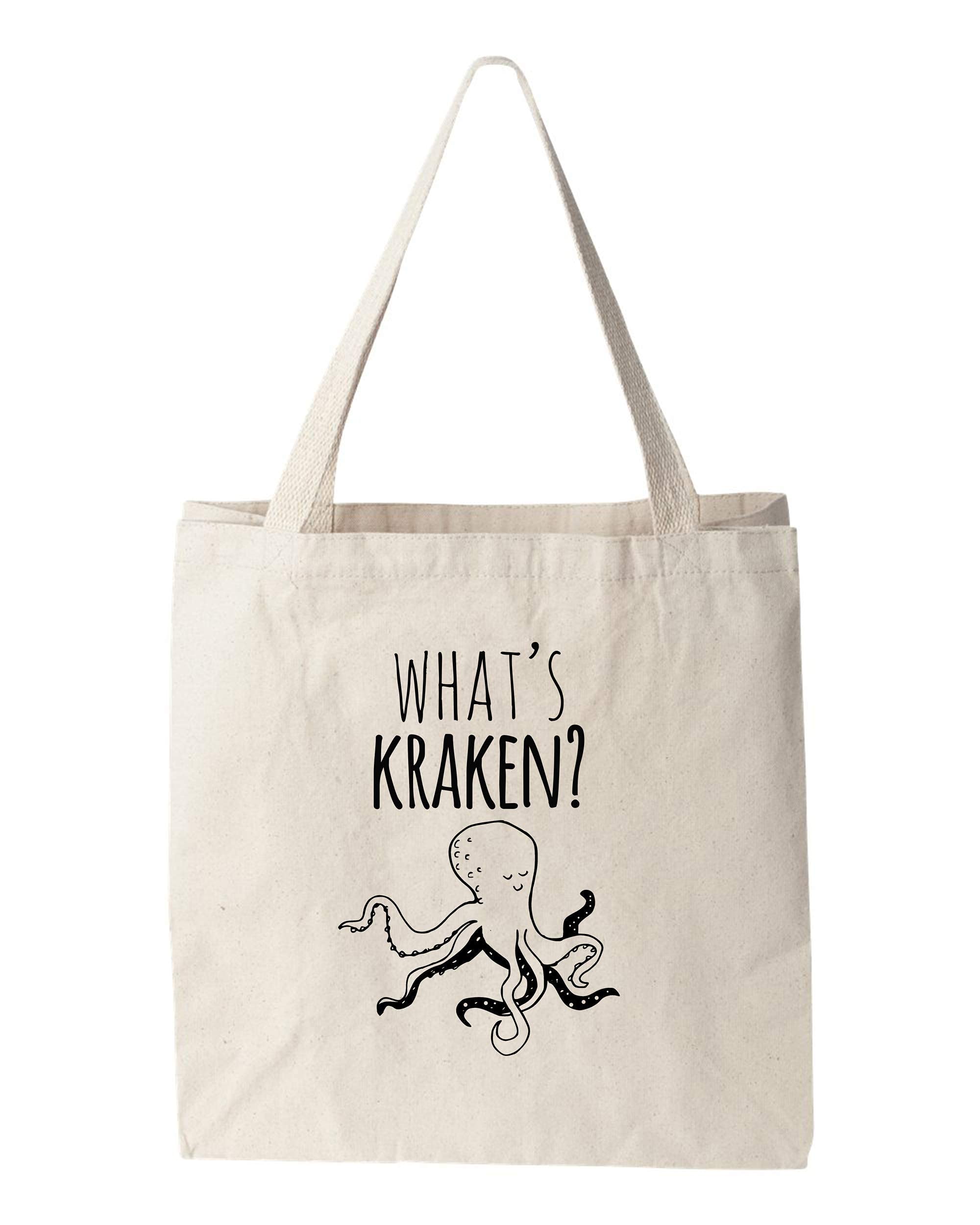 Funny What's Kraken? Screen Printed Canvas Tote Bag - Durable Reusable Shopping Bag for Beach, Grocery & Work Commute