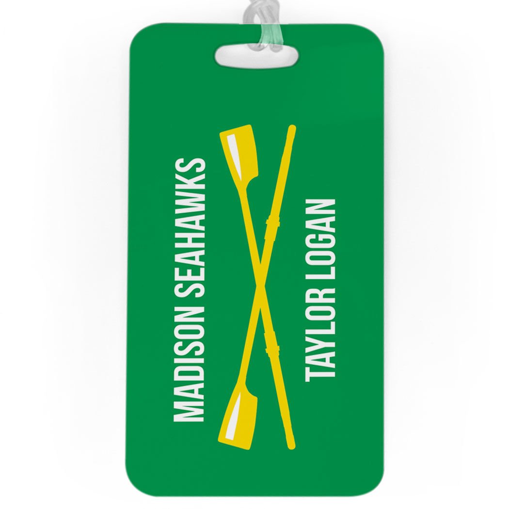 Personalized Crew Luggage Tag with Crossed Oars Design - Large Green & Yellow Bag Tag for Travel Accessories | Perfect for Suitcases, Backpacks & Gym Bags
