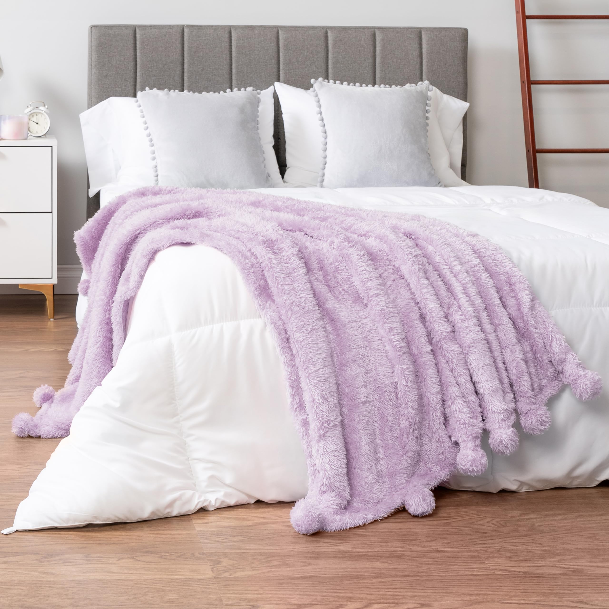 PAVILIA Lavender Sherpa Throw Blanket - Ultra Soft Plush Pom Pom Blanket for Couch & Bed (60x80 inches) | Lightweight Cozy Fluffy Blanket for Sofa, Living Room, Dorm & Travel | Light Purple Twin Size Warm Fuzzy Blanket