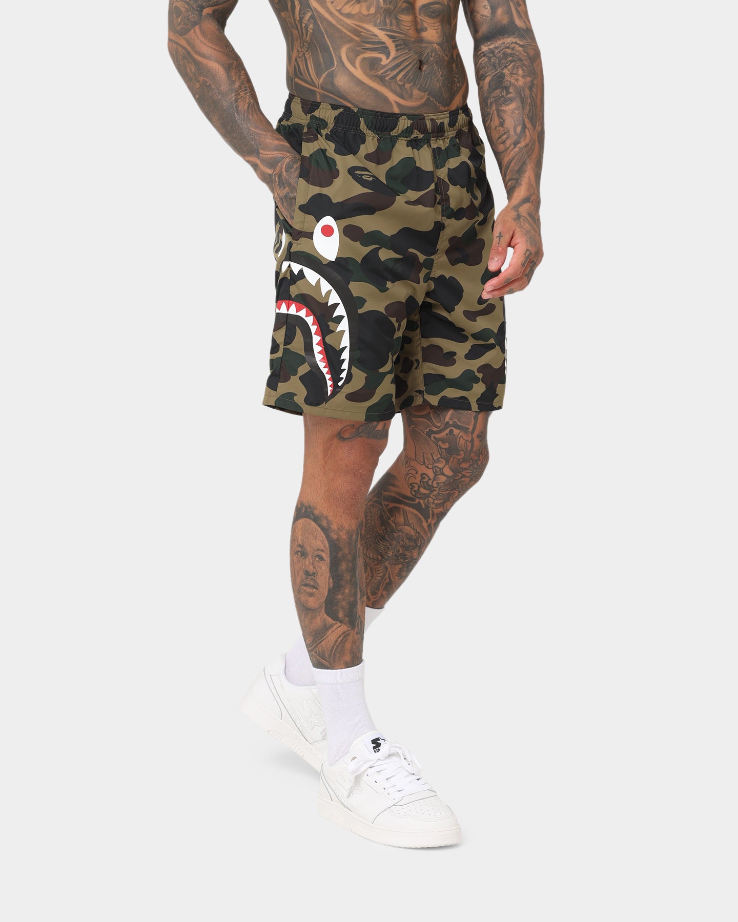 BAPE 1st Camo Side Shark Beach Shorts for Men - Army Green Swim Trunks | Perfect for Summer, Pool Parties & Beach Vacations