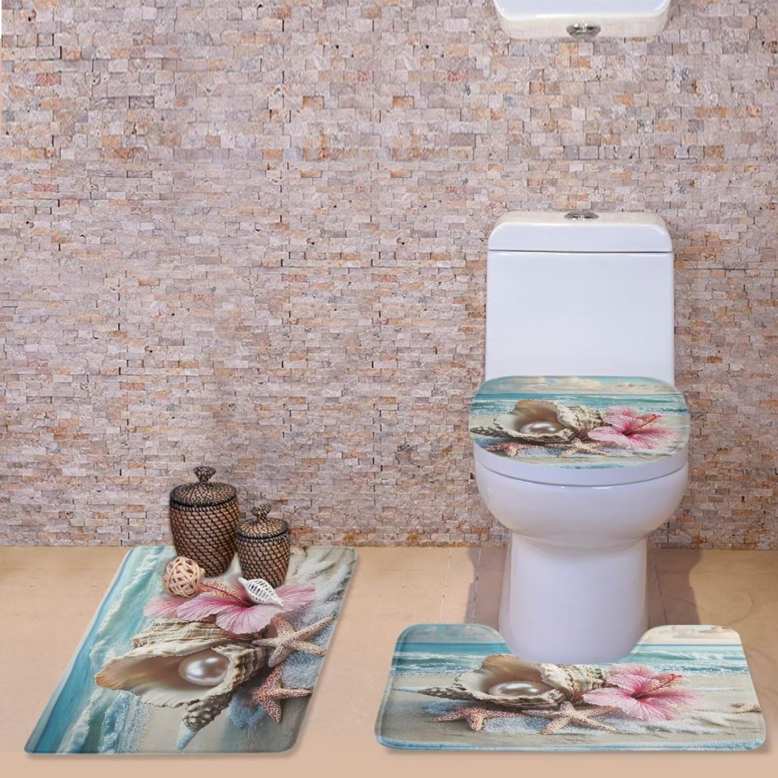 FOR U DESIGNS Bathroom Rug Set - Washable U-Shaped Toilet Lid Cover & Soft Absorbent Bath Mat, Universal Fit for Elongated Toilets - Perfect for Beach House, Guest Bathroom & Coastal Decor
