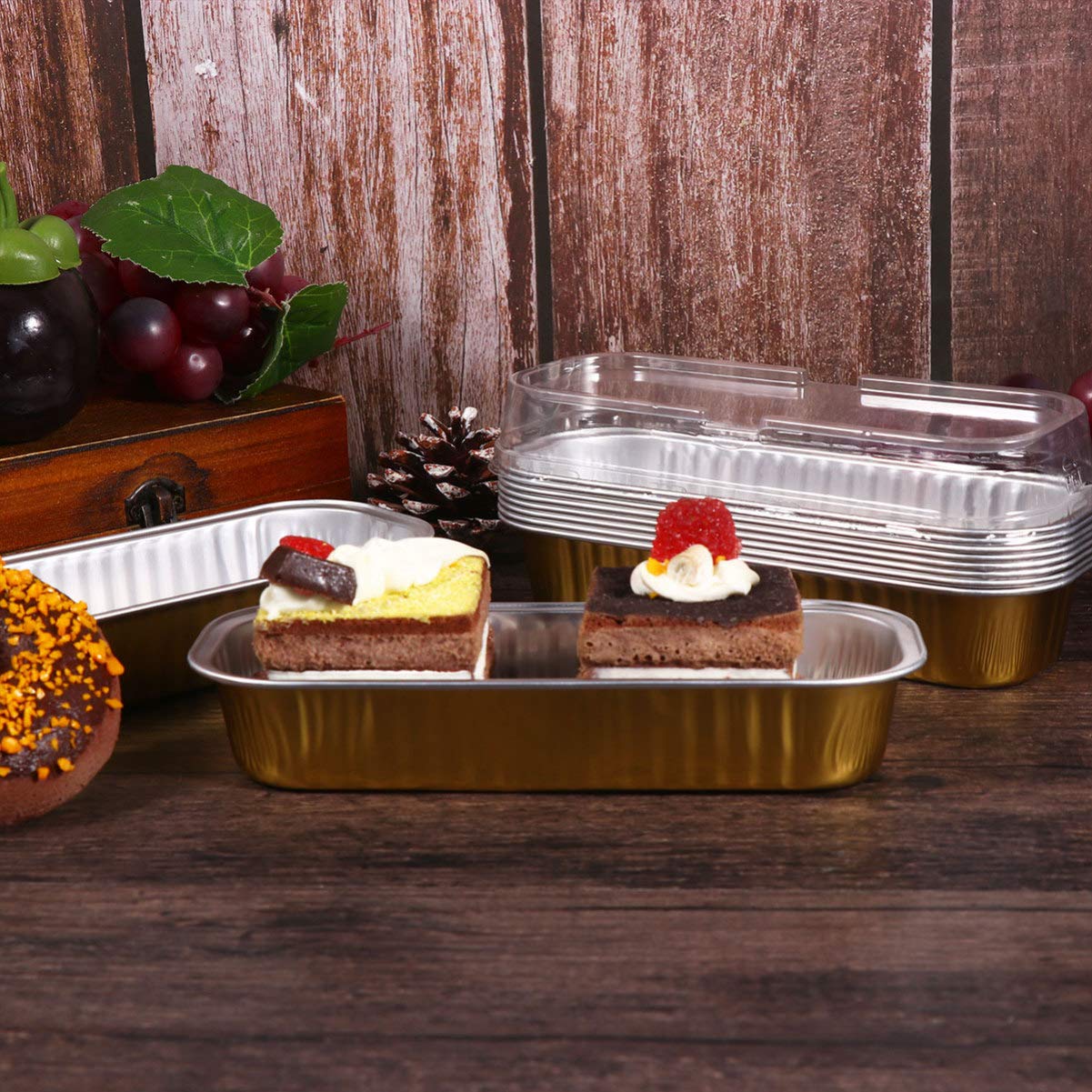 10-Pack 200ml Disposable Aluminum Foil Baking Pans - Rectangular Cheesecake & Dessert Pans, Oven-Safe Bread Pans for Baking, Cooking & Meal Prep (Golden) - Perfect for Cheesecakes, Brownies, Lasagna & Party Desserts