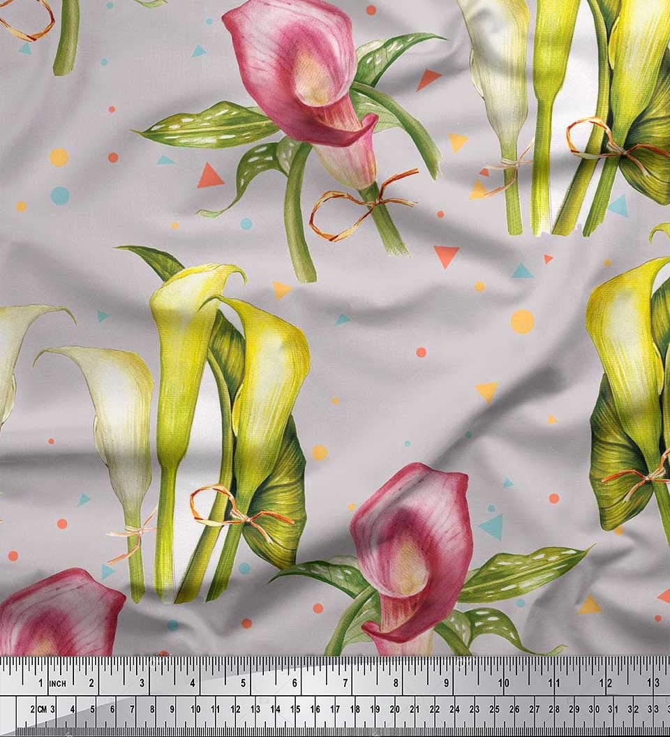 Soimoi Viscose Chiffon Fabric - Gray Printed with Triangle, Leaves & Lily Flower Design - 42 Inch Wide by The Yard - Modern Floral Fabric for Dresses, Scarves, Curtains & Home Decor