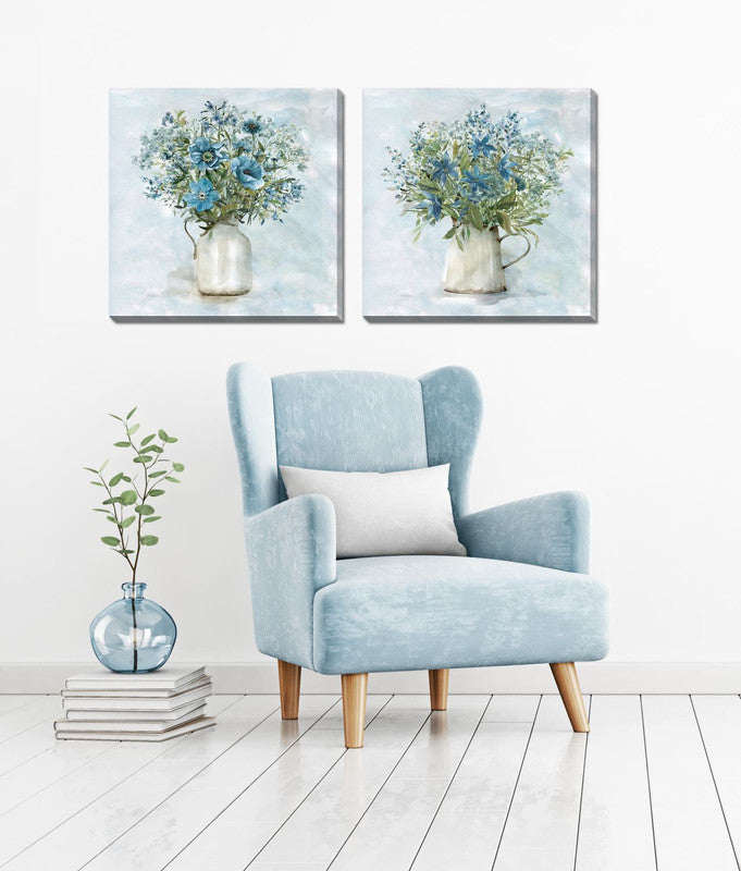 Blue Blooms II Wall Art - Blue, Green & White Abstract Canvas Painting - 24x24 Inches - Modern Home Decor for Living Room, Bedroom & Office