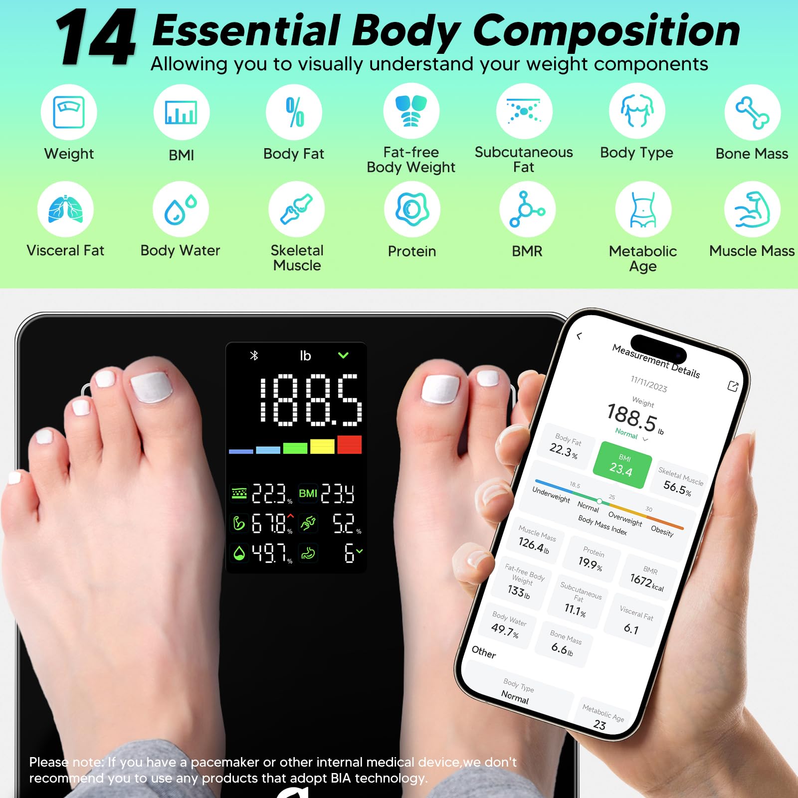 Arboleaf Smart Digital Bathroom Scale - Bluetooth BMI Body Fat & Muscle Mass Analyzer, 14 Body Composition Metrics, Large LED Display, Accurate Weighing Machine up to 400lbs, 11 Inch, App Sync for Health Tracking - Perfect for Home Gym, Weight Loss & Fitness Enthusiasts