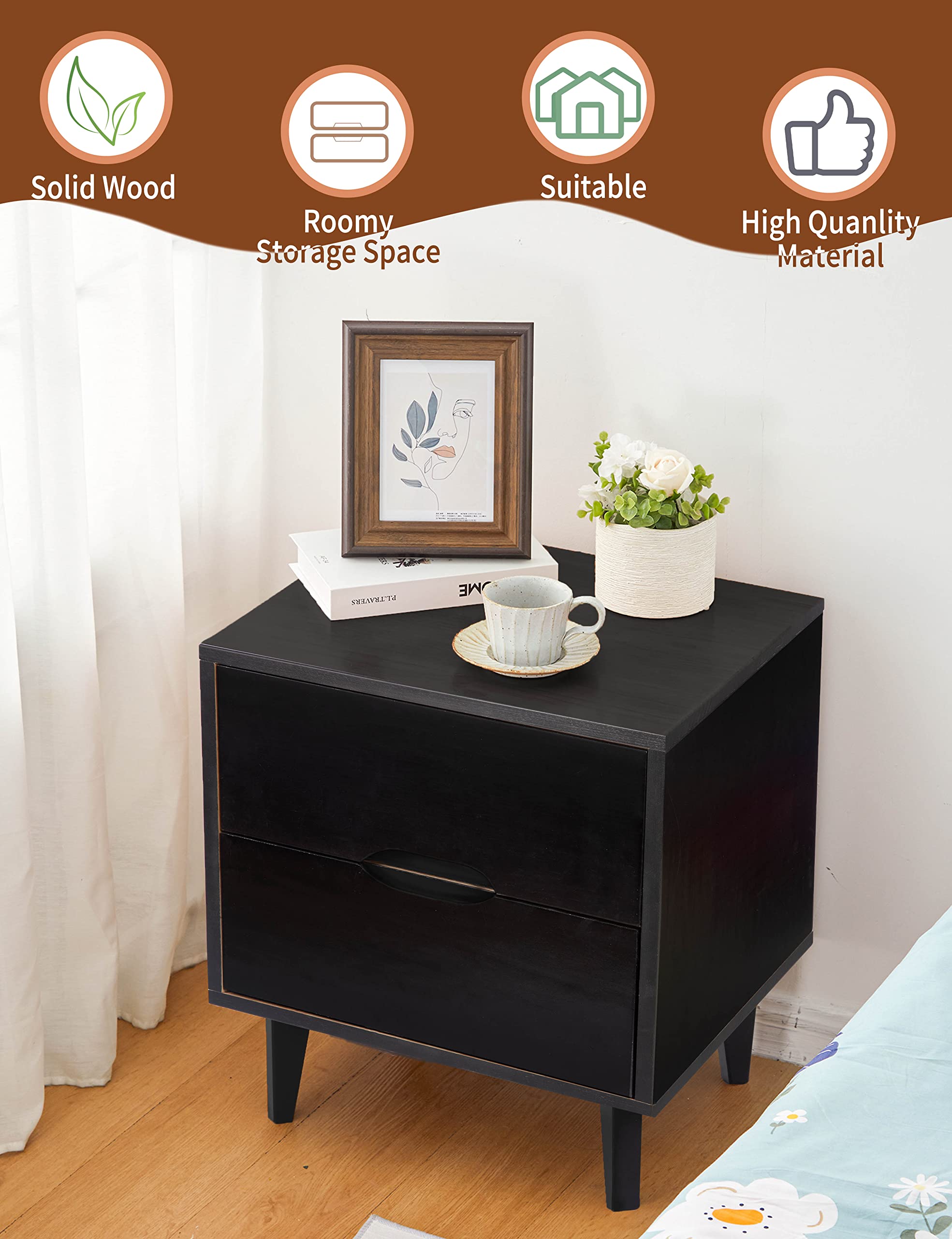 Mid Century Modern Nightstand with Grooved Handle, 2 Drawers & Shelf - Black Wood Bedside Table for Bedroom Storage | Perfect for Small Spaces, Guest Rooms & Apartment Living
