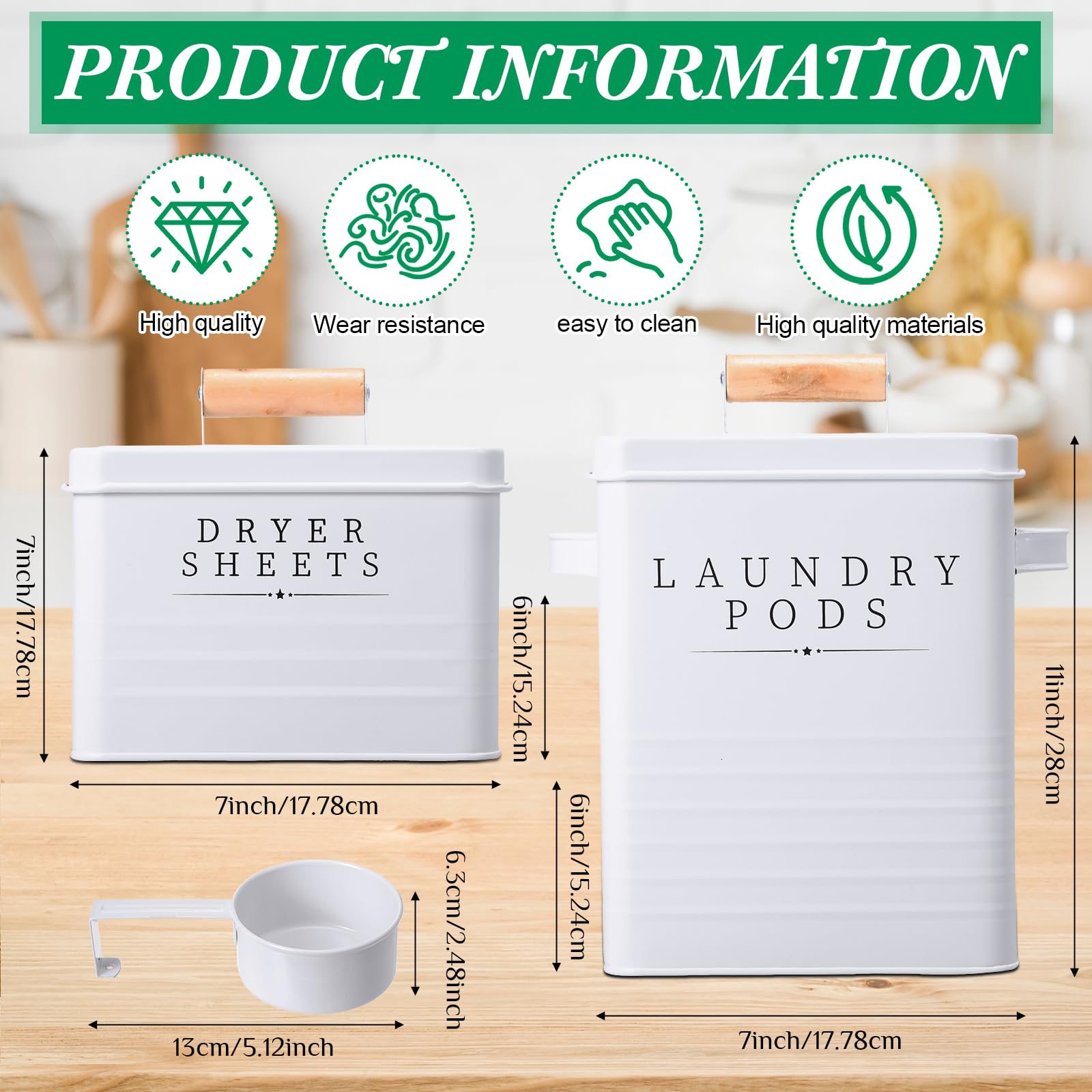 2-Pack White Metal Laundry Pod Container with Dryer Sheet Holder - Farmhouse Style Laundry Room Organizer, Detergent Storage Box with Lid & Handle - Perfect for Laundry Room Decor & Clothes Drying Organization