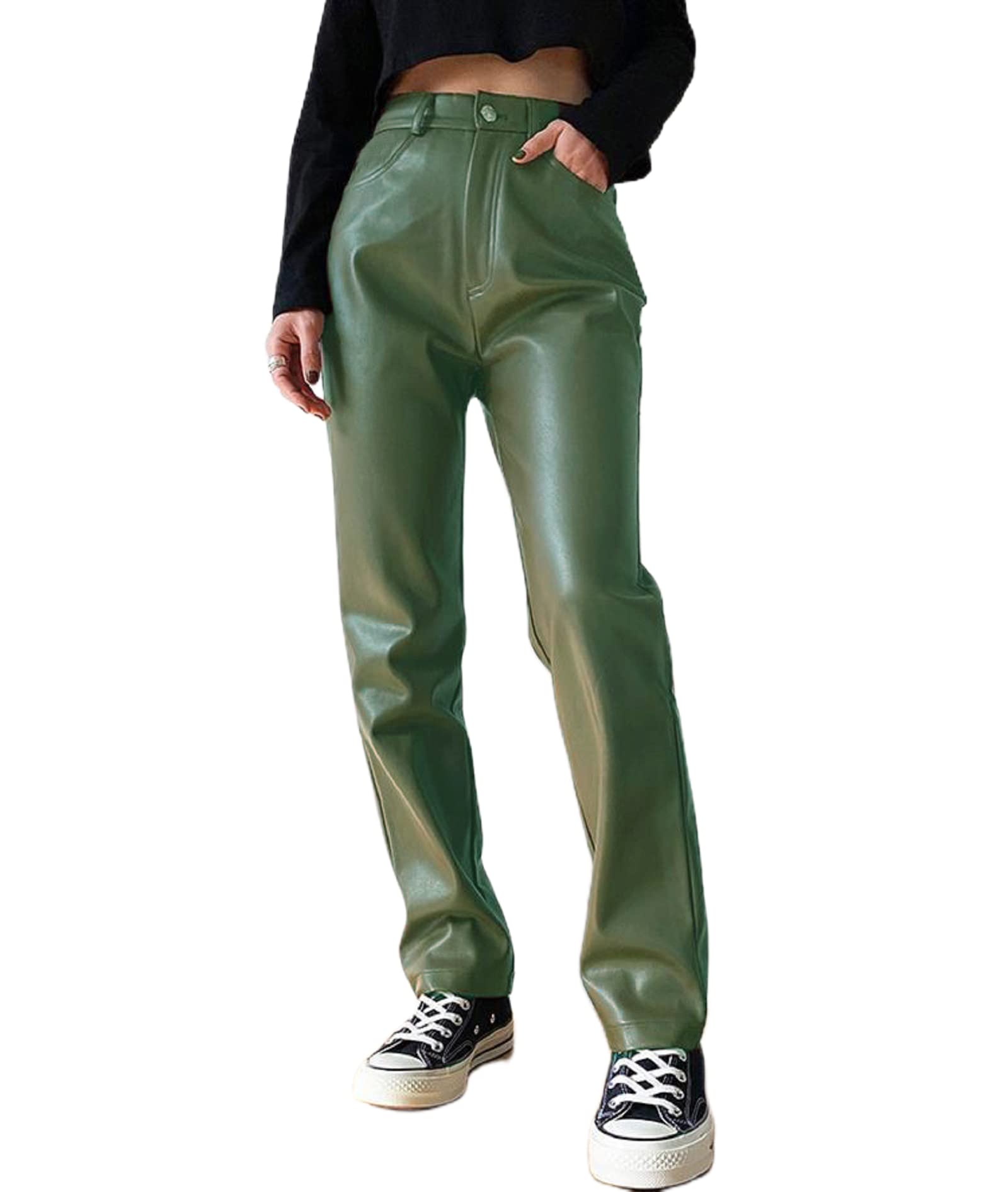 UAURORAO Women's Y2K Faux Leather Pants - High Waist Straight Wide Leg Trousers, Casual PU Leather Leggings with Pockets | Perfect for Club, Party & Streetwear Fashion