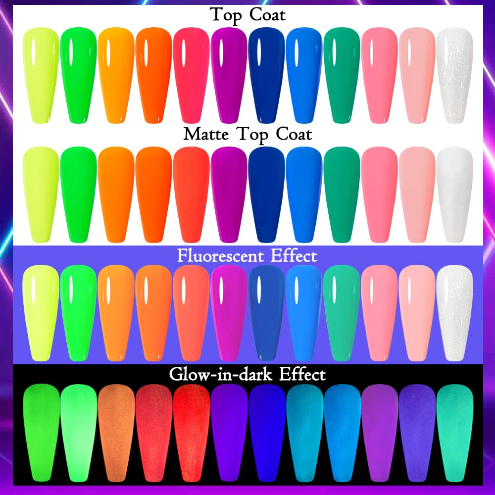 12PCS Glow in The Dark Gel Nail Polish Set - Neon Luminous Nail Art Kit with Hot Pink, Yellow, Purple & Blue Fluorescent Colors | Long-Lasting UV Gel Polish for Halloween Parties, Raves & Night Events