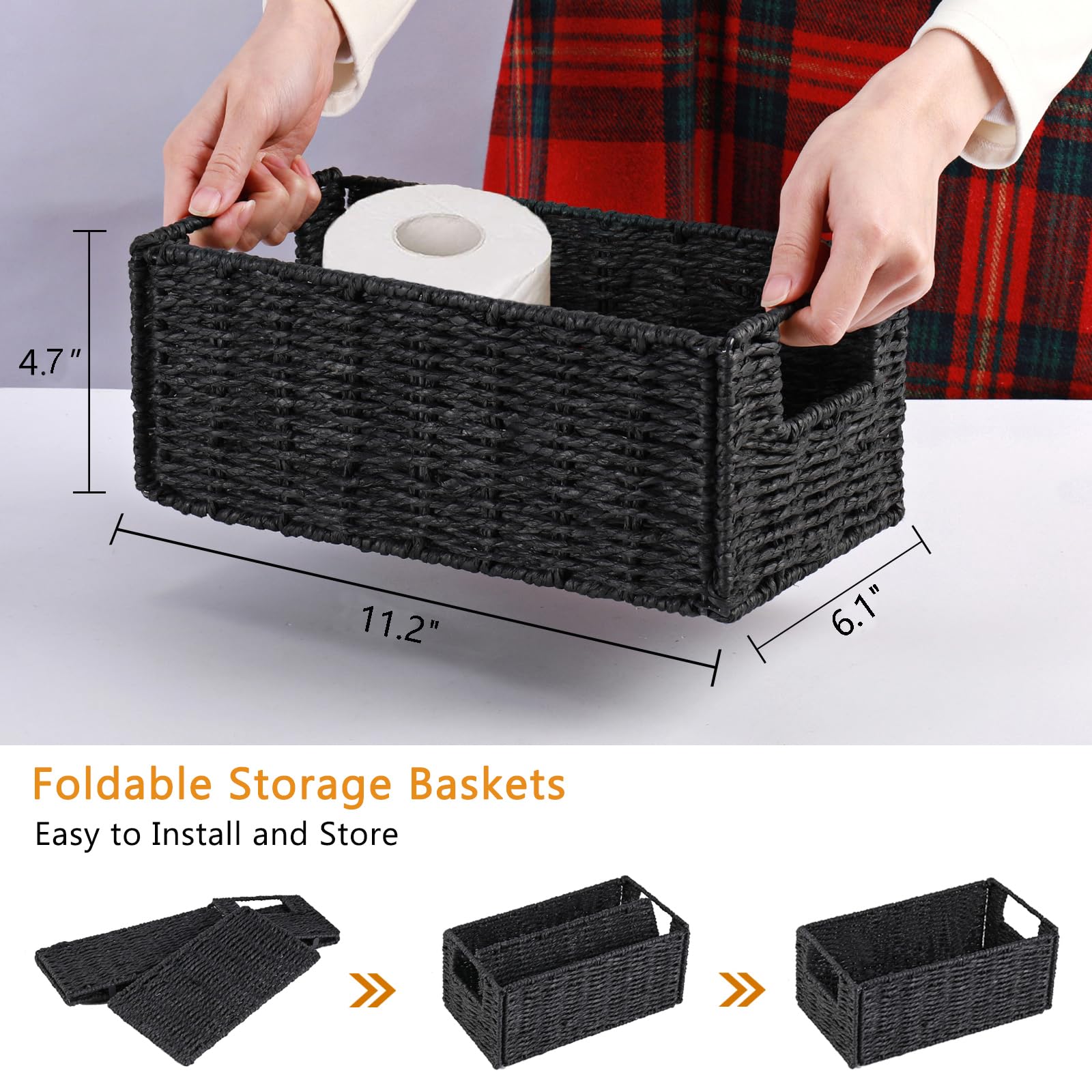 Vagusicc 2-Pack Woven Paper Rope Storage Baskets - Foldable Cube Organizer Bins for Shelves, Bathroom, Bedroom & Living Room - Perfect for Toilet Paper, Towels, Toys & Home Decor (Black)