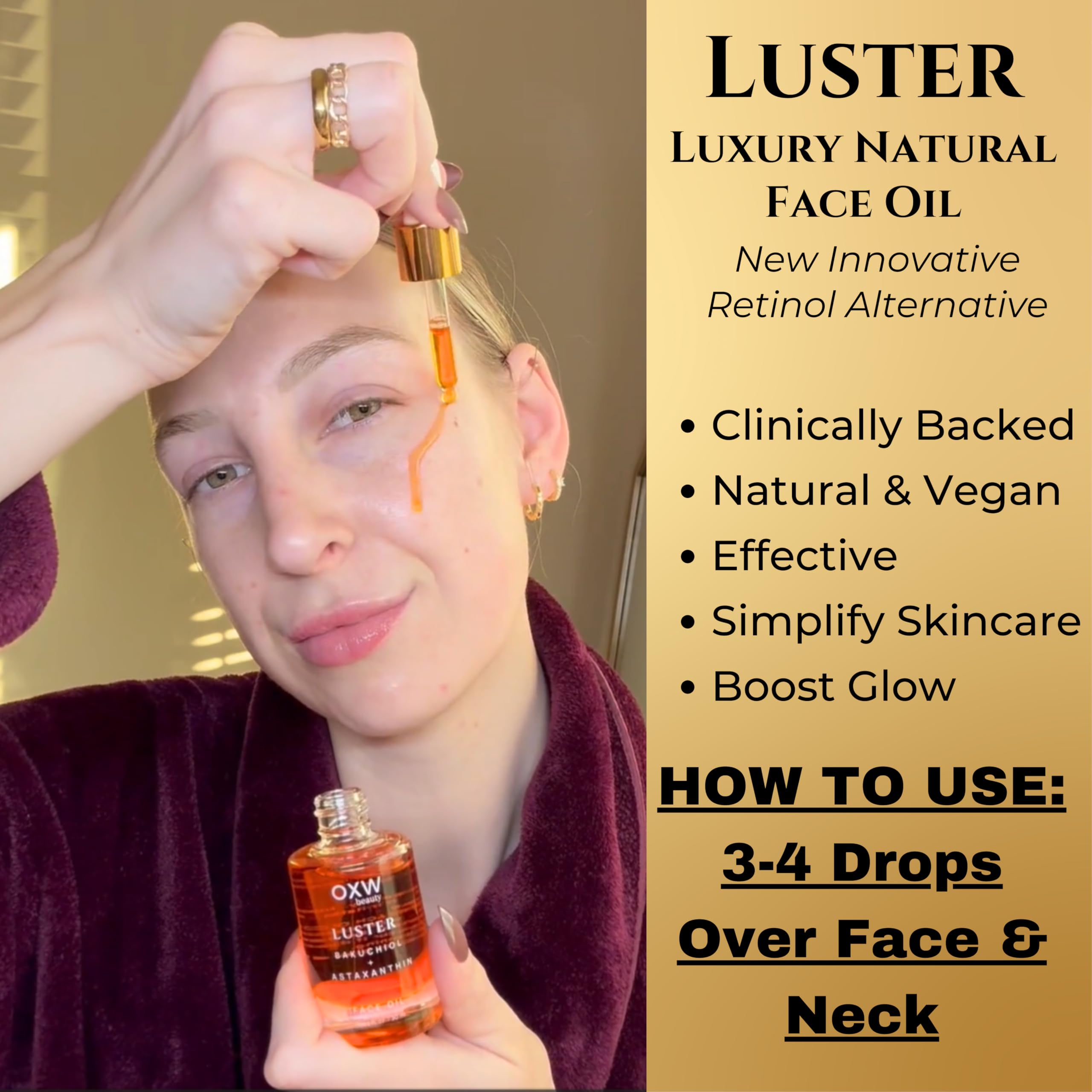 Luster Bakuchiol Oil Serum - Natural Retinol Alternative for Anti-Aging | Superfood Face Oil with Bakuchiol, Astaxanthin, Rosehip & Pomegranate Oils | Hydrating & Brightening Skincare for Daily Use