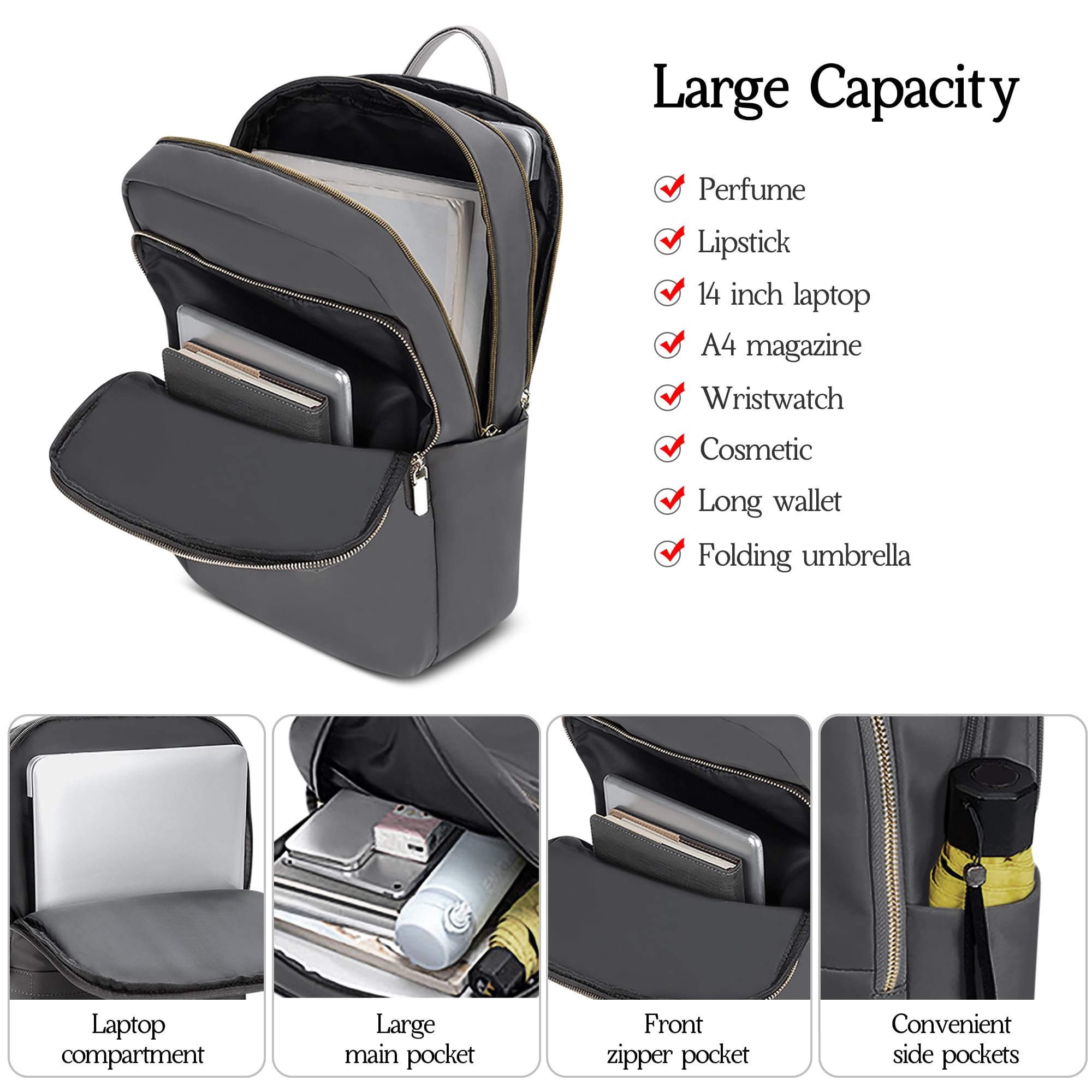 DEEVORCA Women's Fashion Backpack - Waterproof Nylon Laptop Backpack for Work & Travel, Fits 14 Inch Laptop, Casual Daypack with Shoulder Straps, Business & Shopping Handbag in Gray - Perfect for Office Commute, College Campus & Weekend Getaways