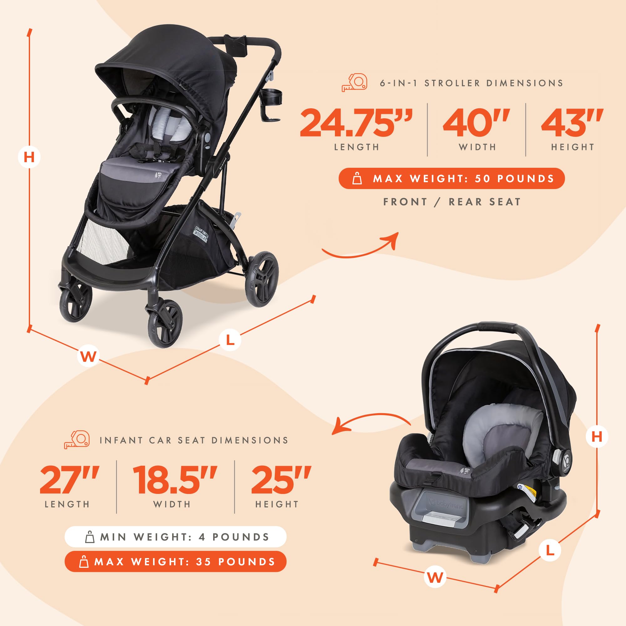 Baby Trend Sonar™ Switch 6-in-1 Modular Stroller Travel System with Ally™ Infant Car Seat - Desert Grey | Convertible Stroller for Newborn to Toddler | Perfect for Shopping, Travel & Daily Walks