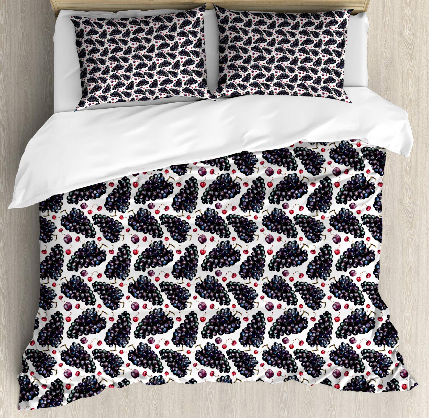 Ambesonne Vintage Fruit Duvet Cover Set - 2 Pack California King Size Bedding with 4 Pillowcases, Grape Plum Cherry Retro Pattern in Dark Purple & Red - Perfect for Master Bedroom, Guest Room & Bohemian Home Decor