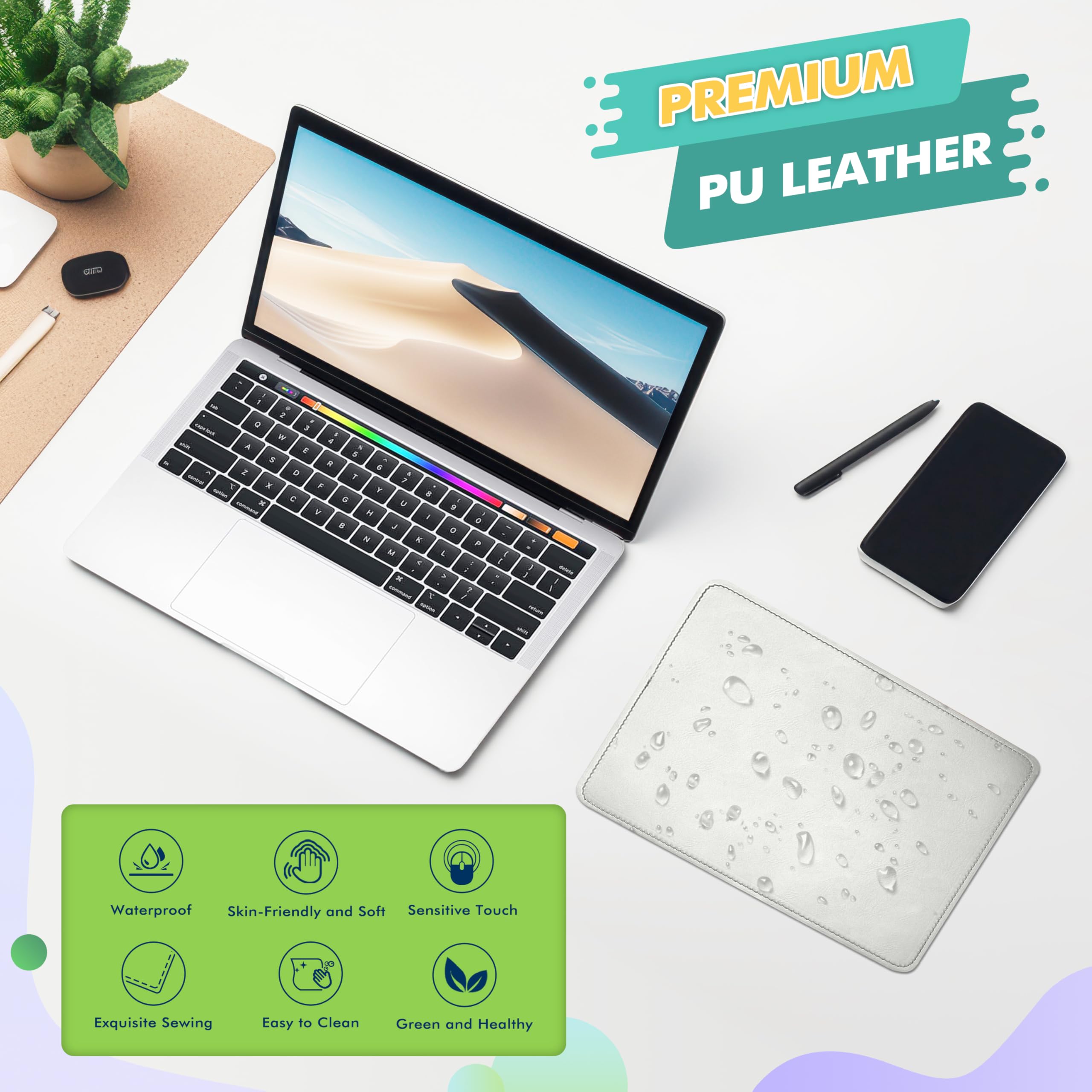 Premium PU Leather Mouse Pad with Stitched Edge - Non-Slip Microfiber Base, Waterproof Desk Mat for Computer & Laptop (8x11 Inch, Silver) - Perfect for Office, Gaming & Home Workspace