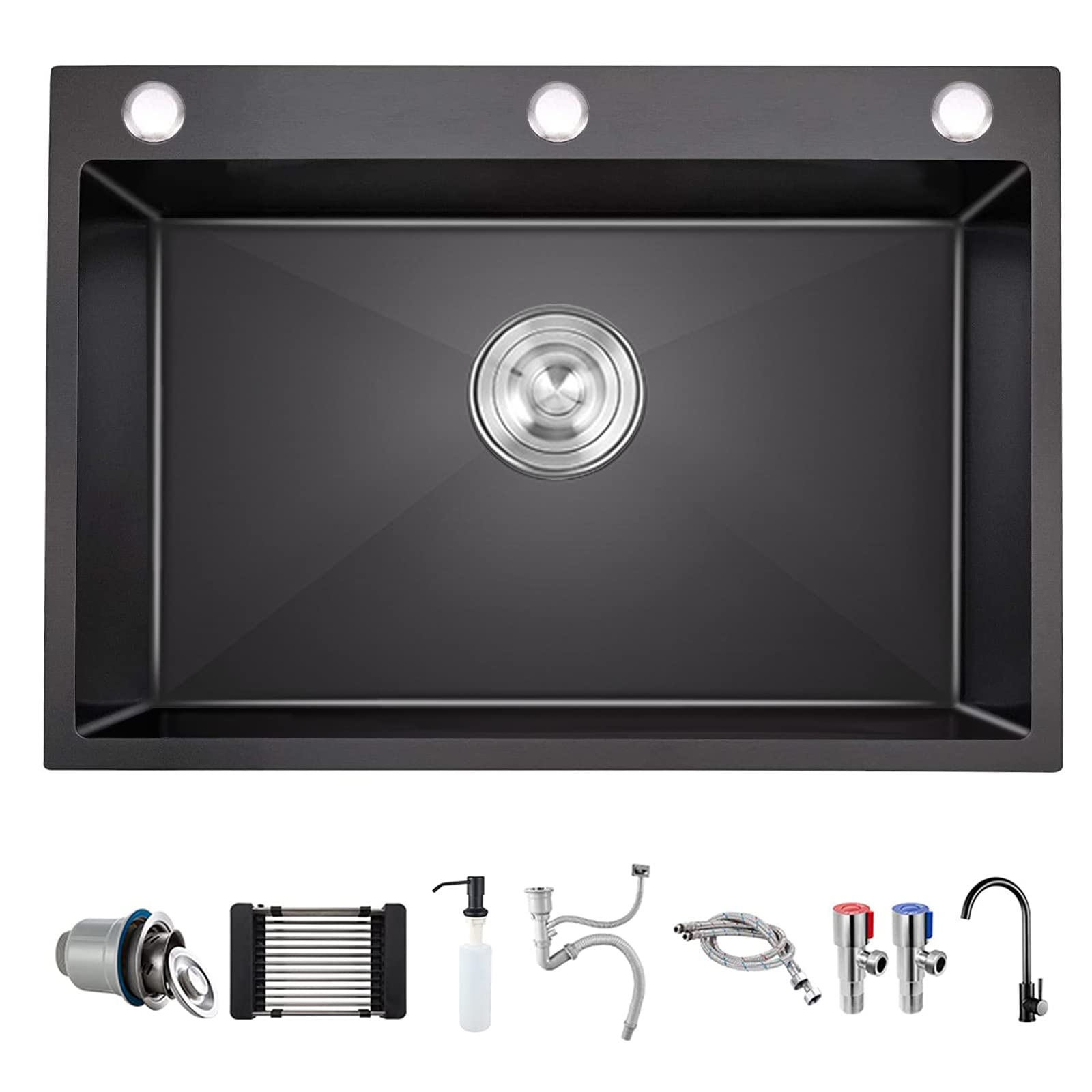 Undermount Single Bowl Kitchen Sink with Faucet - 304 Stainless Steel Large Capacity Sink, Black Nano Coating, Thick & Durable - Perfect for Home Kitchen Renovation & Daily Cooking