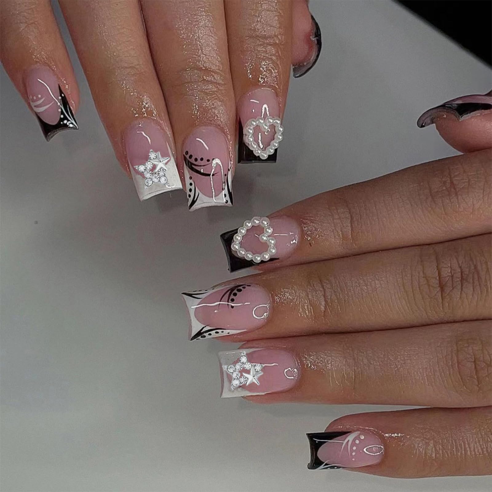 24Pcs Short Press on Nails Kit - Square Black & White French Tips with Heart Charms & Pearl Designs | Glossy Full Cover Gel Artificial Nails | Easy Glue On False Nails for Women & Girls | Perfect for Parties, Weddings & Daily Wear