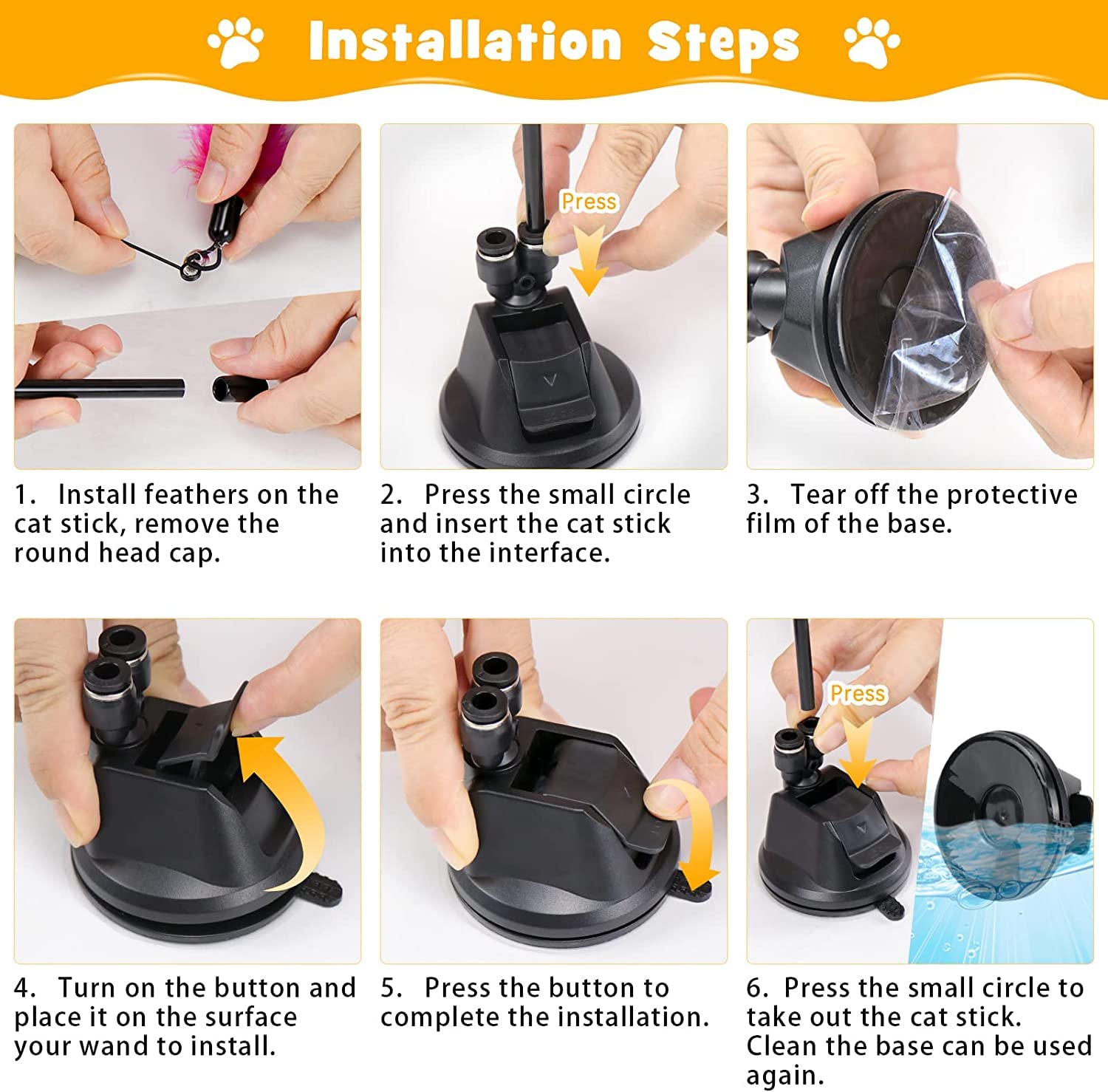 Premium Cat Feather Wand Toy with Super Suction Cup - 2 Interactive Cat Toys & 6 Feather Refills with Bell - Natural Teaser Wand for Indoor Cats - Perfect for Play, Chase & Exercise to Keep Your Kitten Active & Entertained