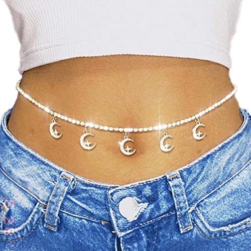 Boho Crystal Waist Chain - Gold Moon Belly Body Jewelry for Women | Summer Beach Bikini Accessories | Festival, Party & Vacation Wear | Trendy Belly Chain for Girls & Women