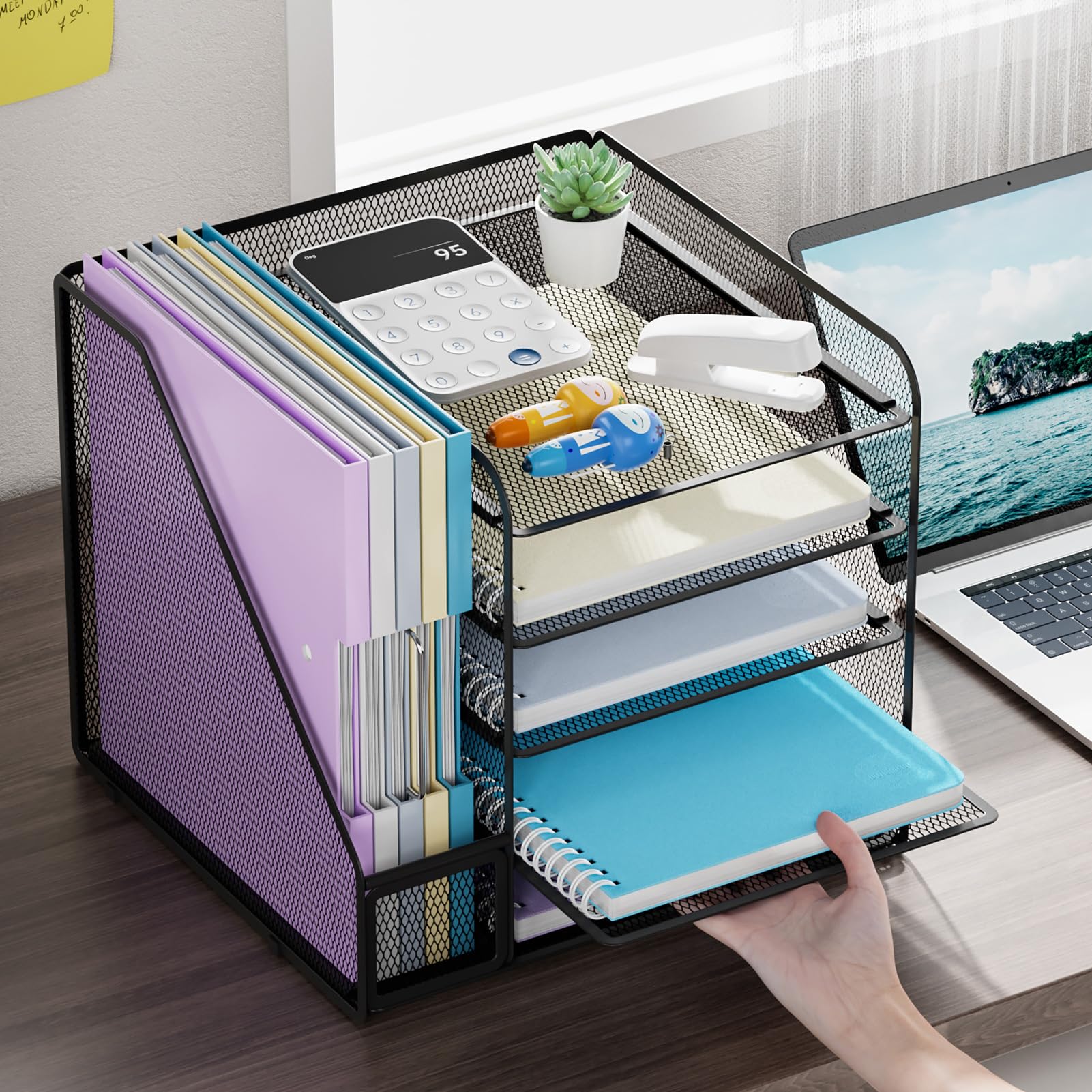 5-Tier Mesh Desk Organizer with File Holder - Black Office Paper Letter Tray for Documents, Mail & Supplies | Perfect for Home Office, Workstation & School Desk Organization