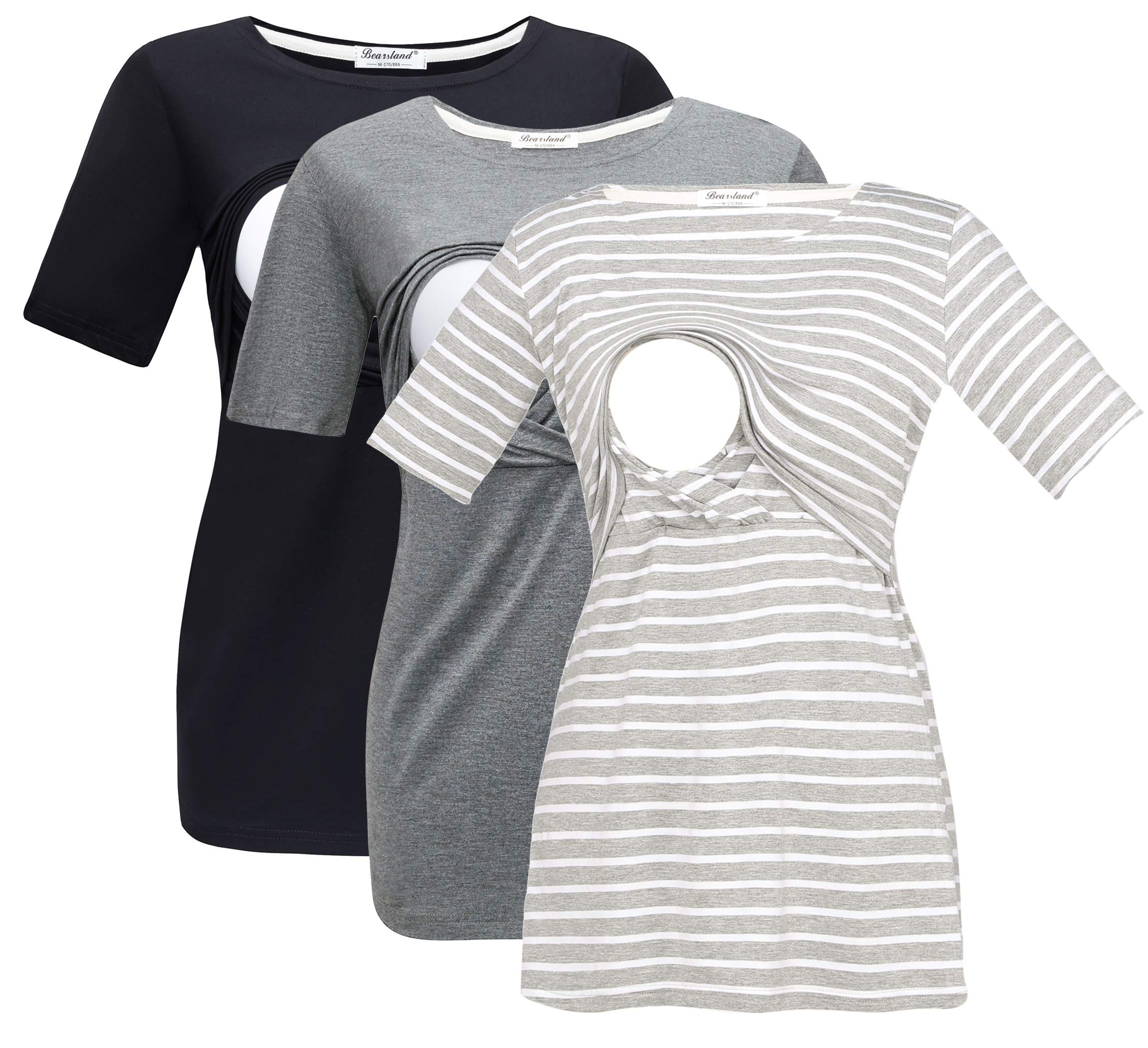 Bearsland Women's 3-Pack Maternity Nursing Tops - Soft Short Sleeve Breastfeeding Shirts for Comfortable Nursing & Pregnancy | Perfect for Daily Wear, Hospital Visits & Mother-Baby Bonding Time