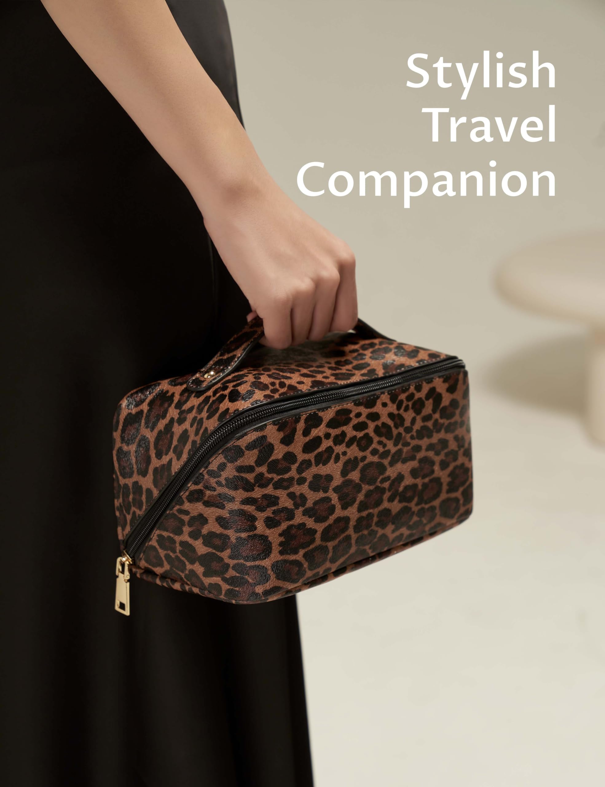 Yarnic Leopard Travel Makeup Bag - Large PU Leather Cosmetic Organizer for Women | Perfect for Travel & Daily Use