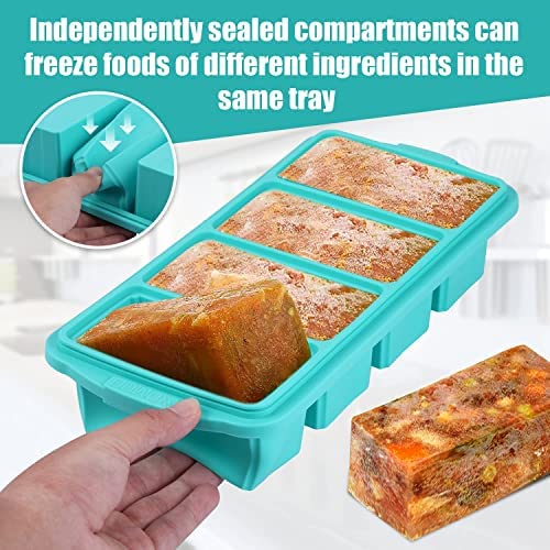 Silicone Freezing Tray with Lid - Large Non-Stick Ice Cube Tray for Soups, Broths & Sauces | 4 Compartment Freezer Container | Oven & Dishwasher Safe | Perfect for Meal Prep, Baby Food & Liquid Diet Storage