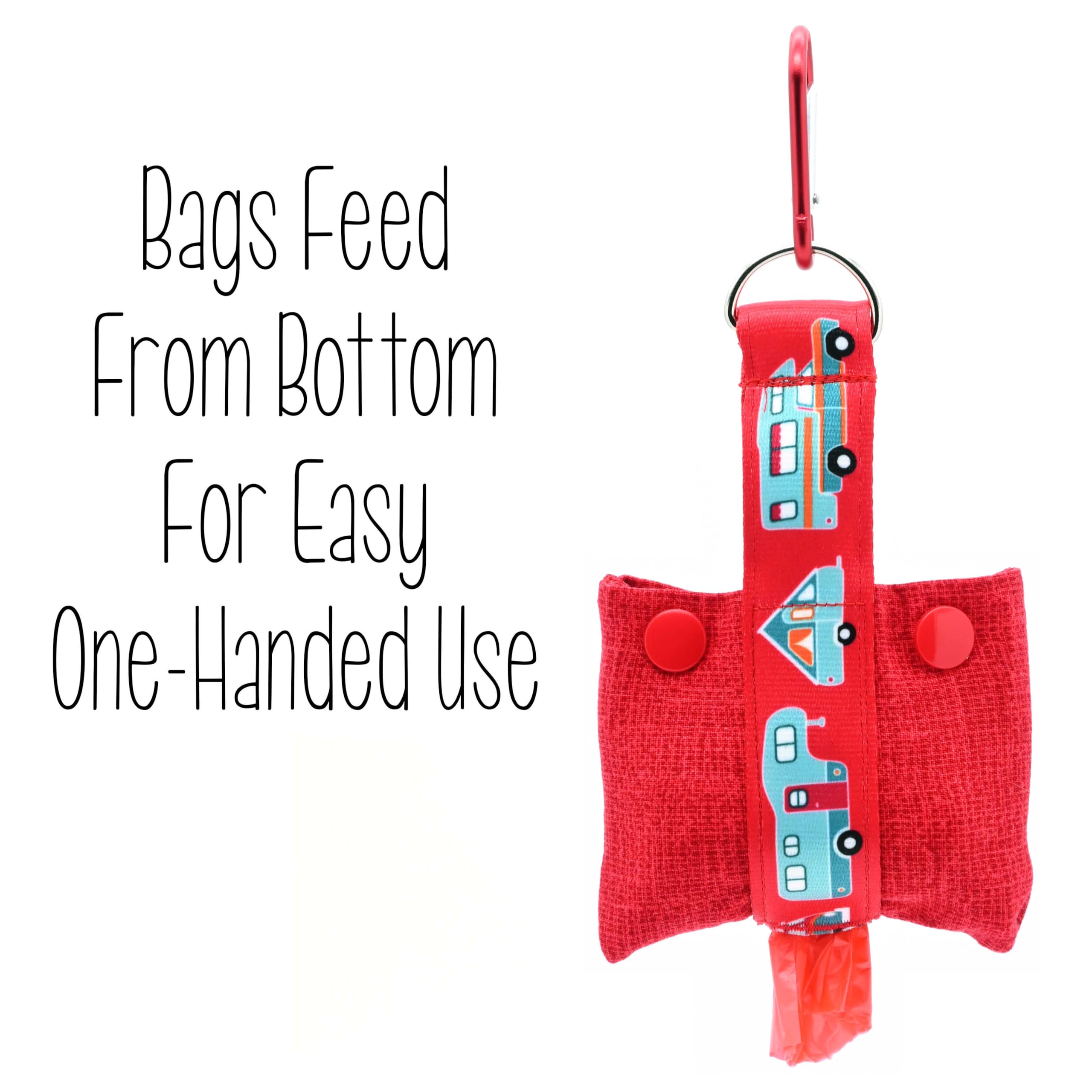 Eco-Friendly RV Camping Dog Waste Bag Dispenser - Red Fashion Tote Style Poop Bag Holder with Leash Clip | One-Handed Bottom Dispensing for Easy Cleanup | Handmade by Green Acorn Kitchen | Perfect for Outdoor Adventures, Hiking & Travel with Pets