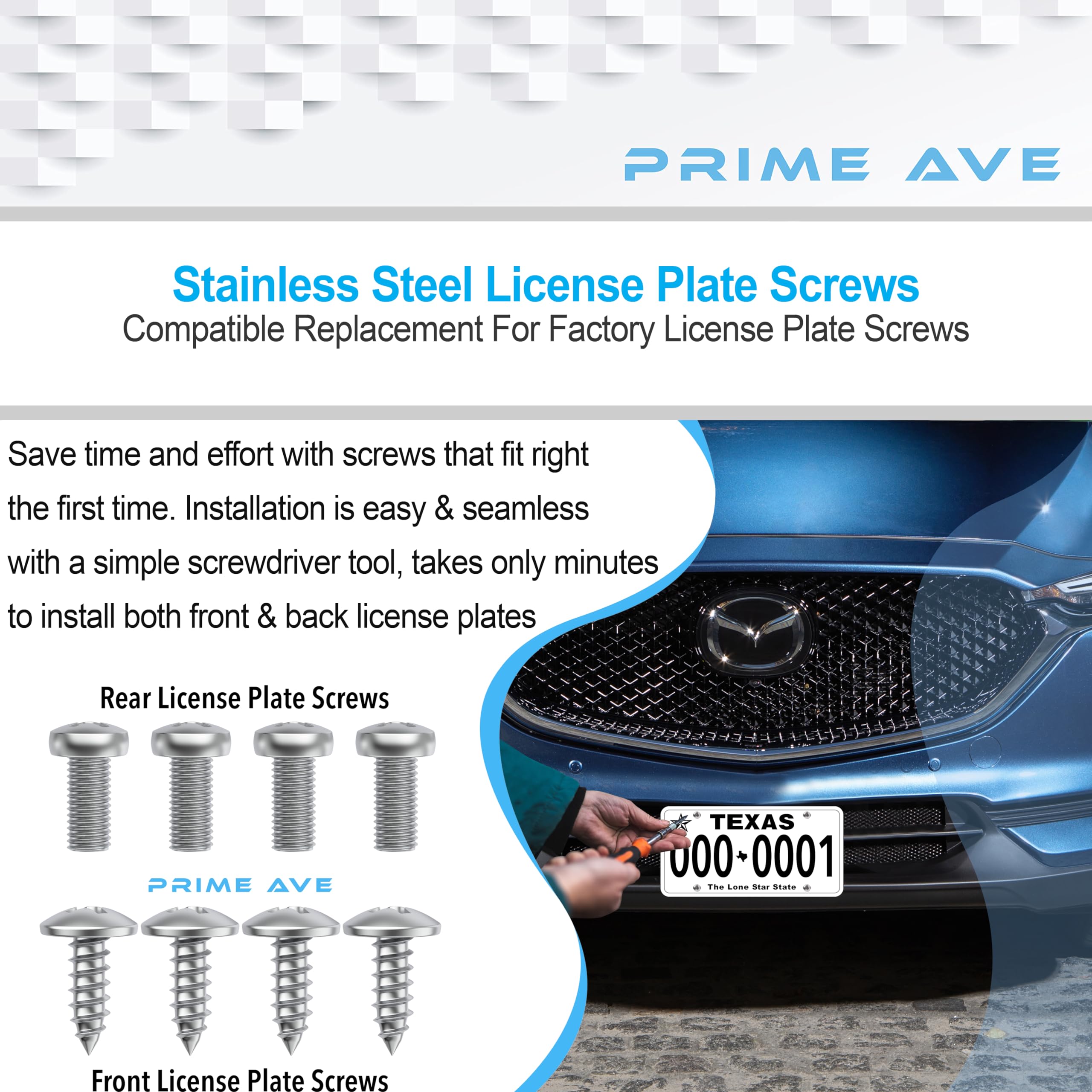 Stainless Steel License Plate Screws - Rust Proof & Durable Fasteners for Car License Plates, Frames & Covers - Fits Mazda & Most Vehicles (8-Pack) - Perfect for Front/Rear Plate Installation & Secure Mounting