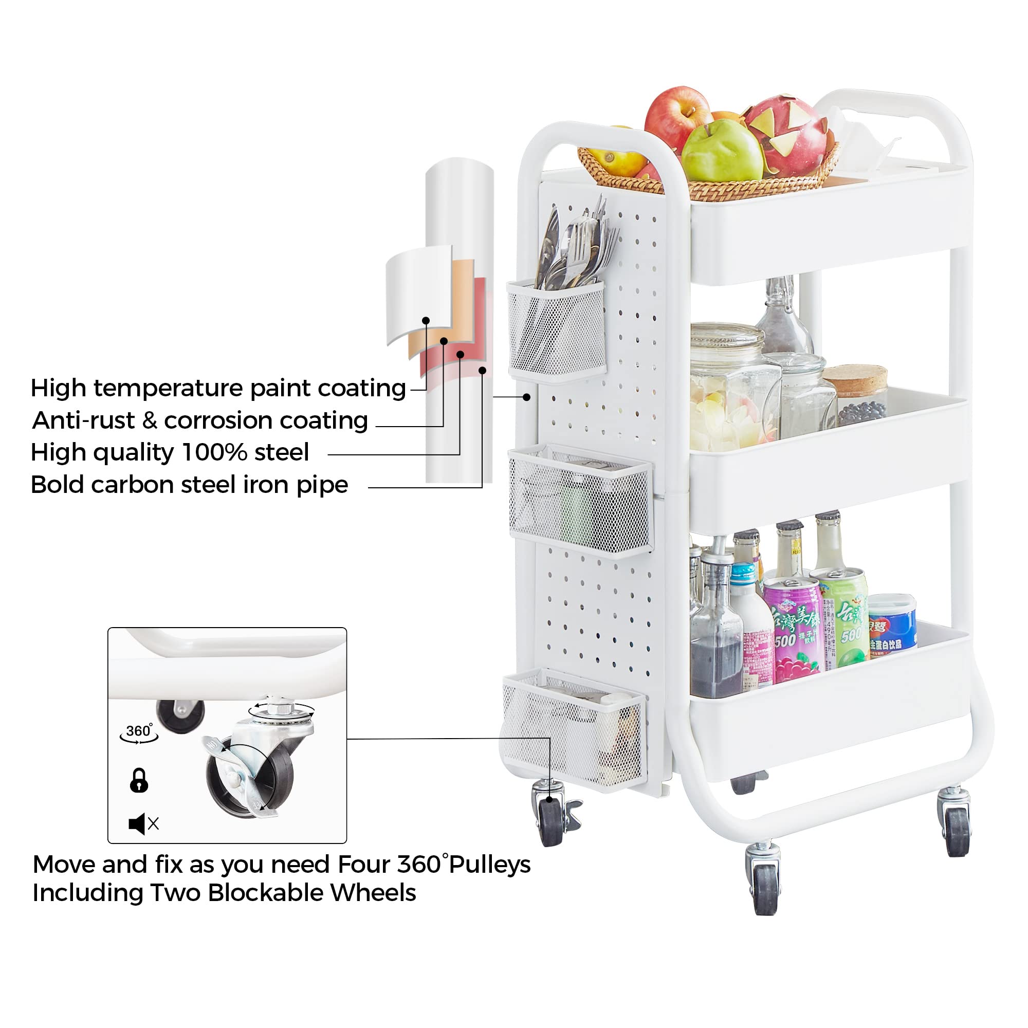 DESIGNA 3-Tier Rolling Utility Cart with Handle - Metal Storage Cart with Removable Pegboard & 3 Accessories - Easy Assembly Organizer for Kitchen, Bathroom, Office, Craft Room - White (Perfect for Home Organization & Mobile Storage Solutions)