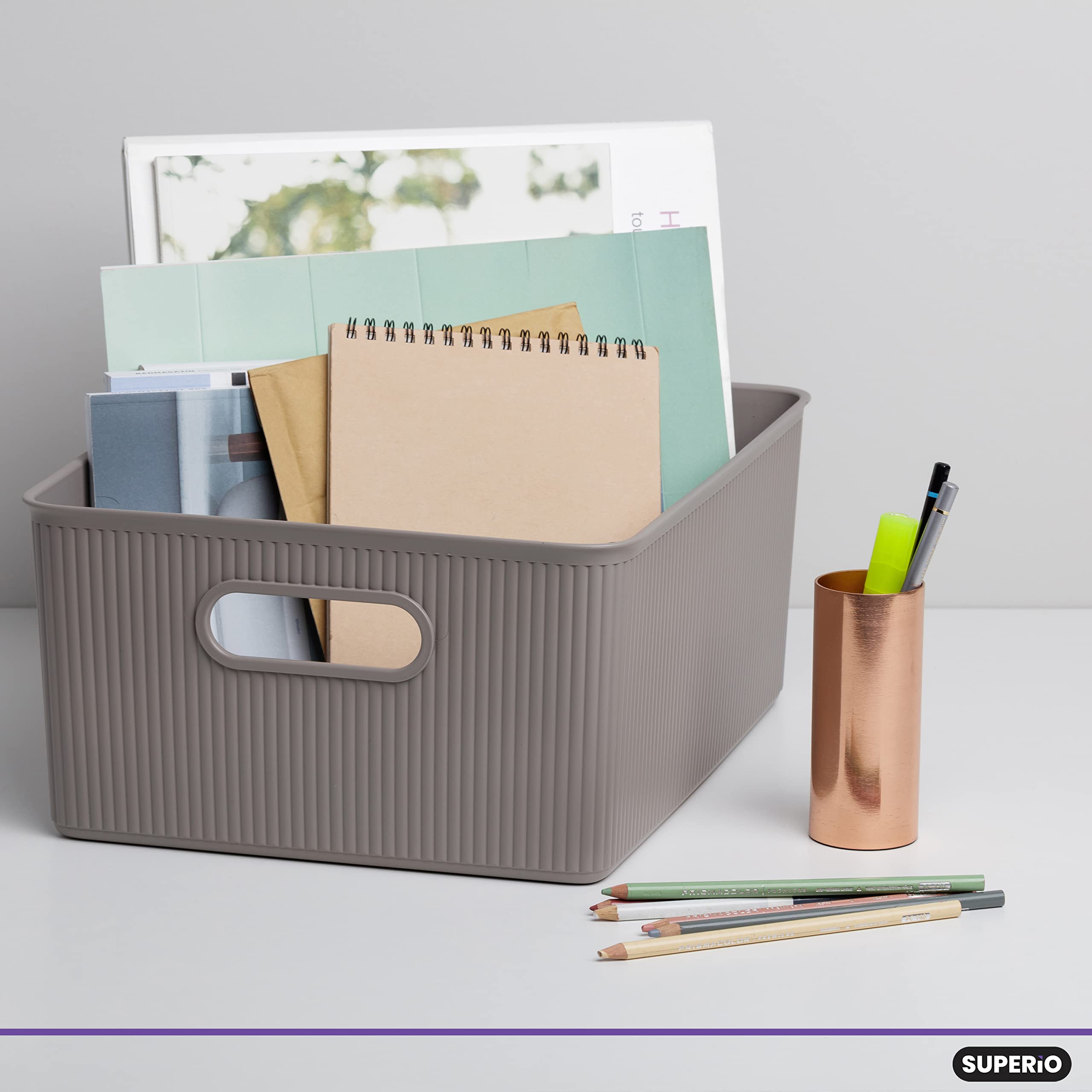 Superior Ribbed Plastic Storage Bins - 2 Pack Large Taupe Organizer Baskets (15L/16Qt) for Home, Closet, Shelves & Drawer Organization | Decorative Open Storage Boxes for Bedroom, Bathroom & Office