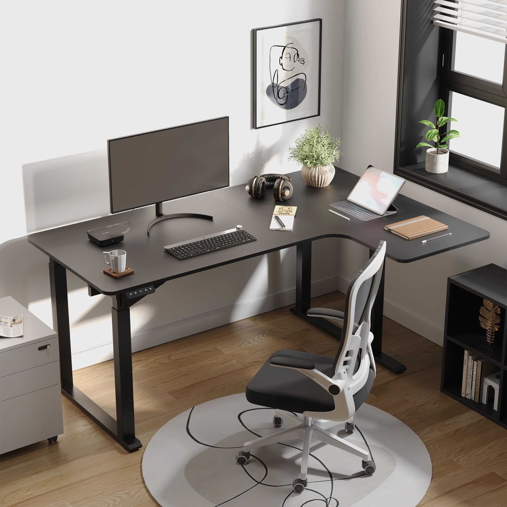 Premium L-Shaped Standing Desk with Dual Motor & 4-Leg Lift System - Electric Height Adjustable Office Desk with Memory Presets (63