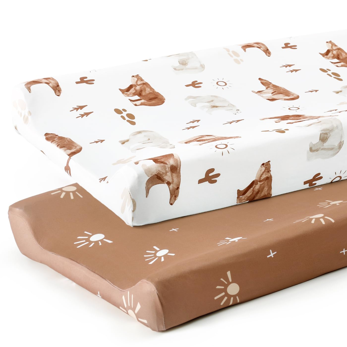 GRSSDER 2 Pack Stretch Jersey Knit Changing Pad Covers - Ultra Soft, Fits 32x16 & 34x16 Inch Changing Pads, Secure Fit with Sunny Bear Print - Perfect for Nursery, Baby Registry & Diaper Changing Stations
