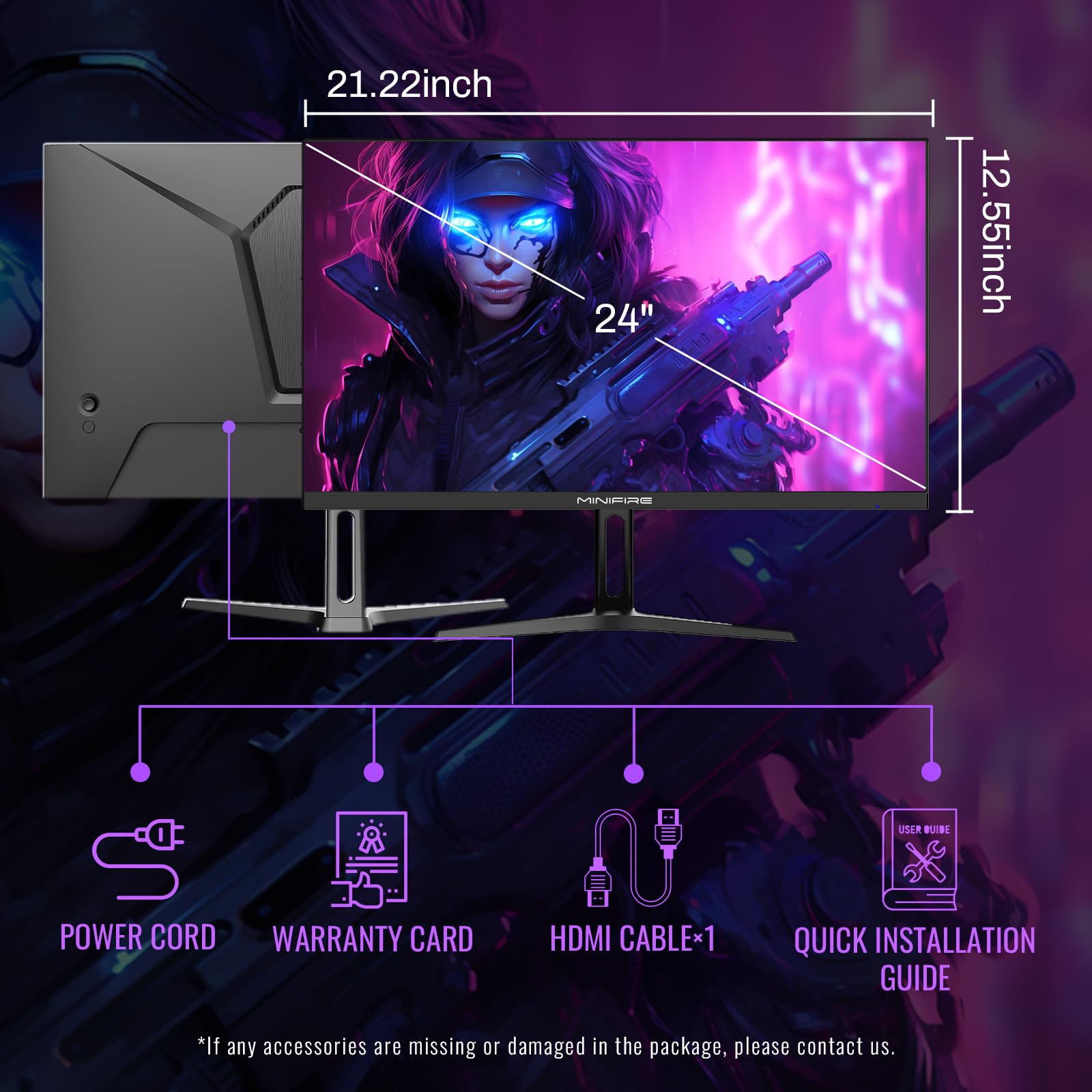 24 Inch Gaming Monitor - Minifire 180Hz 1ms IPS FHD Display with AdaptiveSync, 110% sRGB, Ultra-Thin Bezel, HDMI/DP Ports, Blue Light Shield - Perfect for Esports, PC Gaming & Home Office (Includes HDMI Cable)