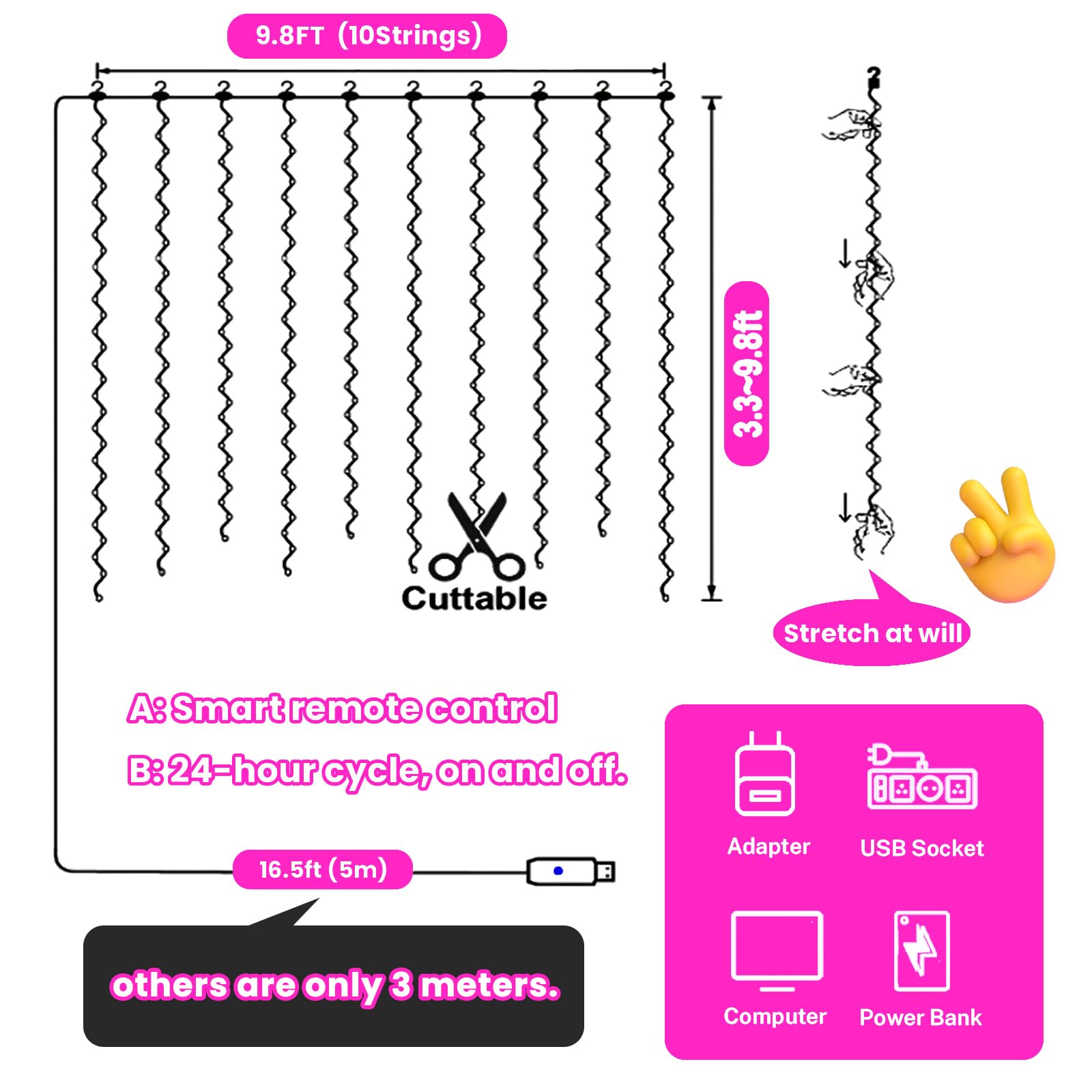 300 LED Pink Fairy Curtain Lights with Remote - 8 Lighting Modes & Timer, 9.8x9.8ft USB Plug-in String Lights for Bedroom, Outdoor, Wedding, Party, Garden Decor | Romantic Ambiance, Holiday & Event Lighting