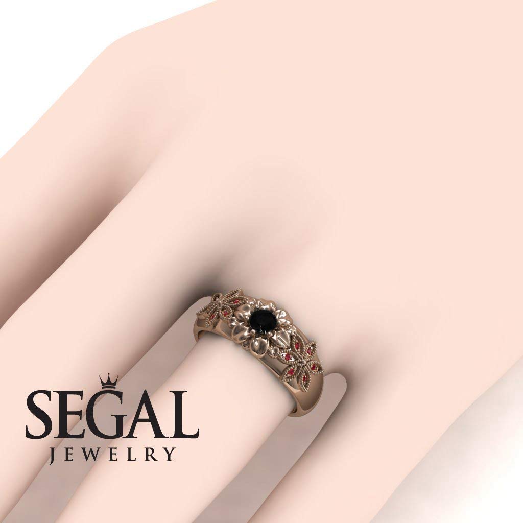 Exquisite 14K Red Gold Victorian Engagement Ring with Black Diamond & Ruby Floral Design - Emma | Perfect for Romantic Proposals, Anniversaries & Special Occasions