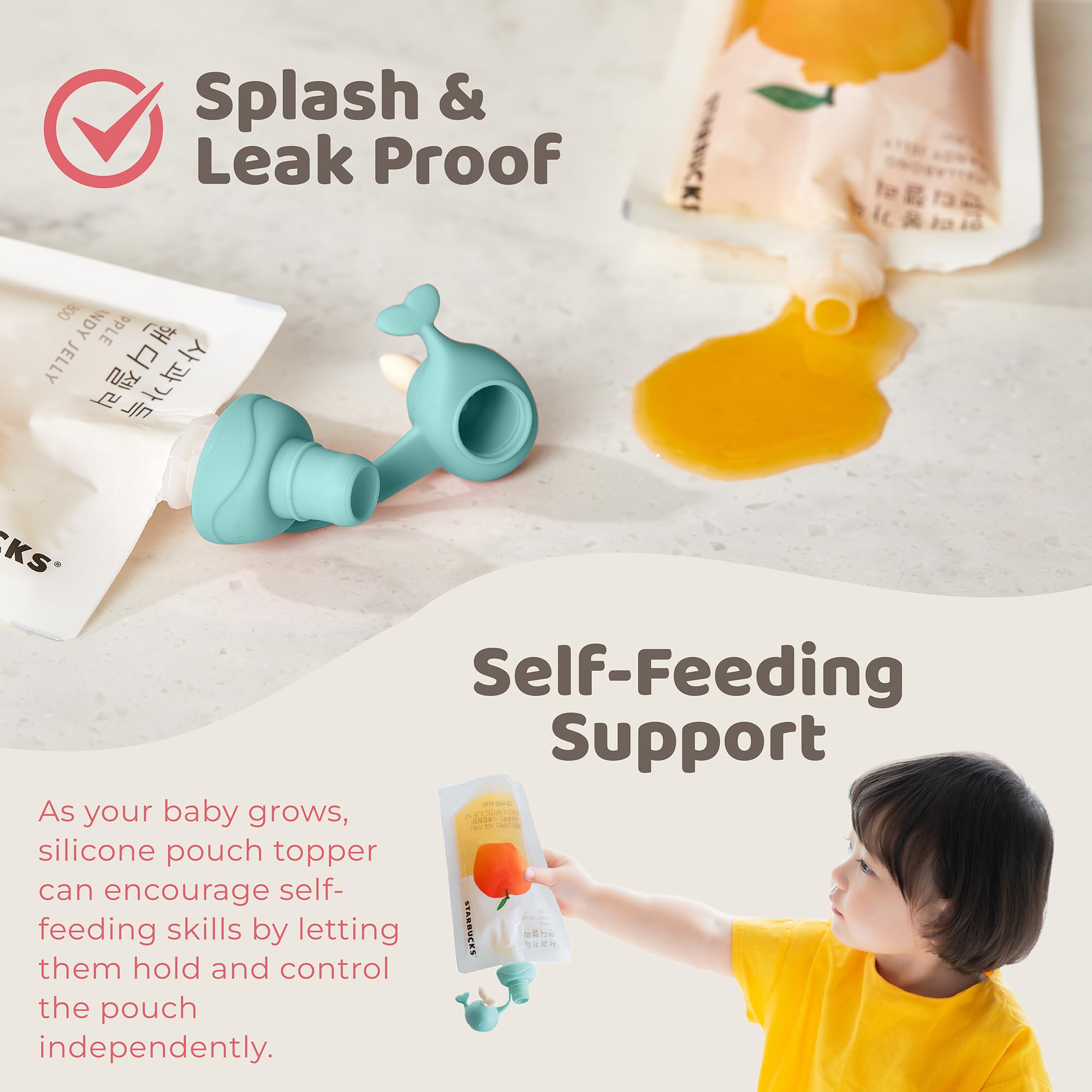 Whale SoftSip Food Pouch Topper - 2 Pack with Travel Case | Spill-Proof & Leak-Proof Silicone Cover for Baby Bottles, Sippy Cups & Food Containers | BPA-Free, Food Grade, Reusable | Perfect for Baby-Led Weaning, Travel & On-the-Go Feeding (Mint & Pink)