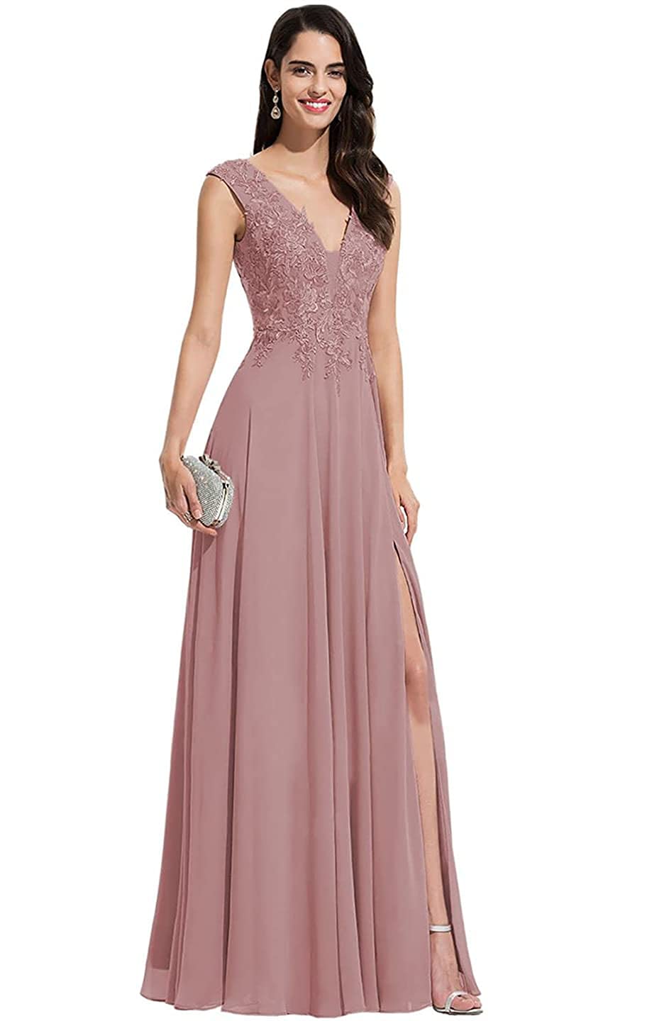 Elegant V-Neck Chiffon Bridesmaid Dresses with Lace Appliques - A-Line Long Formal Gowns with Side Slit for Weddings, Parties & Special Occasions
