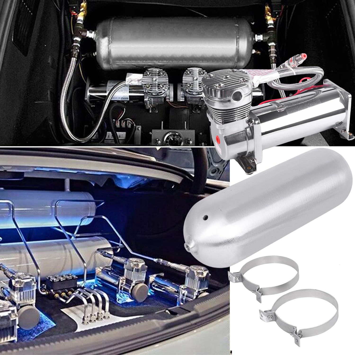 3 Gallon Aluminum Air Tank with 200PSI 12V Air Compressor Kit - Onboard Air System for Train Cars, Vehicles, Semi & Pickup Trucks - 1/4NPT Fittings - Perfect for Air Horns, Air Suspension & Tire Inflation